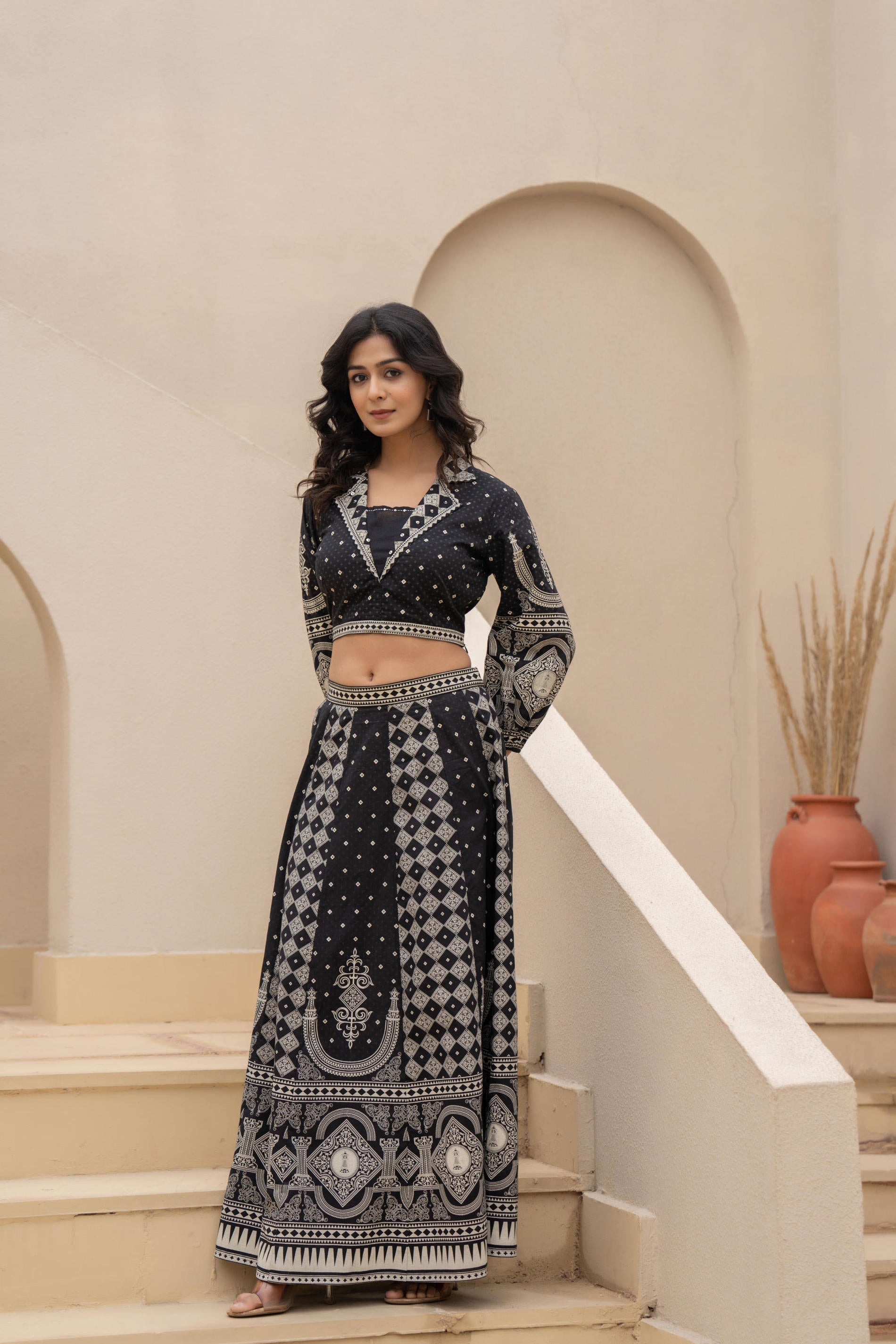 Black & White Printed Lehenga Choli Set with Ethnic Motifs