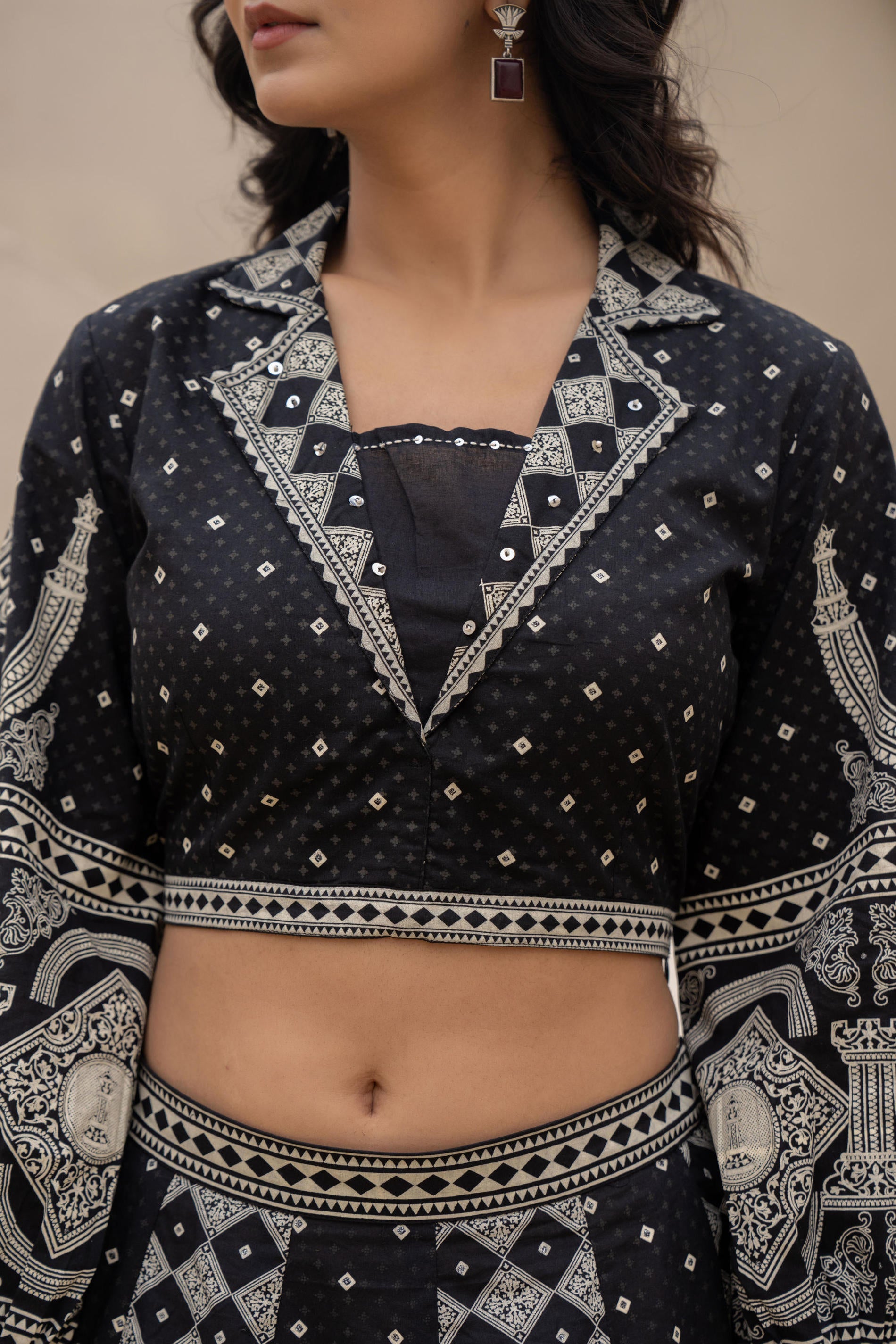 Black & White Printed Lehenga Choli Set with Ethnic Motifs