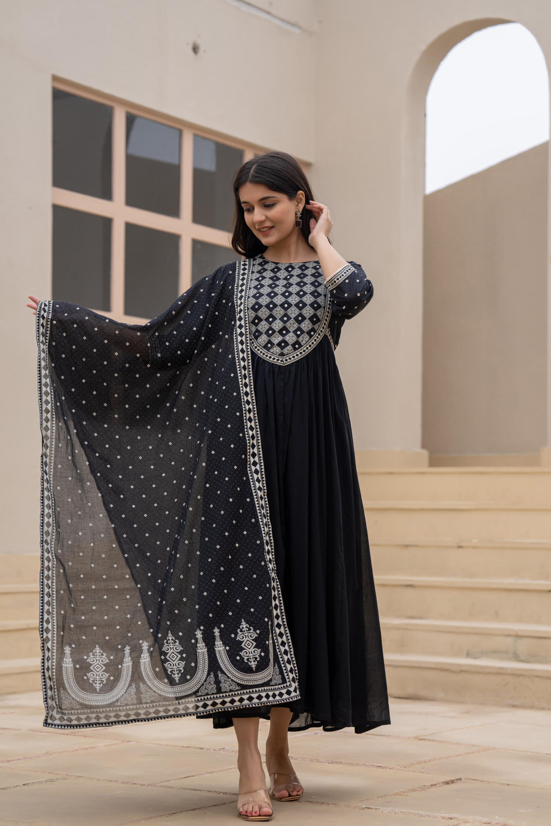 Black Anarkali Dress with Embroidered Dupatta