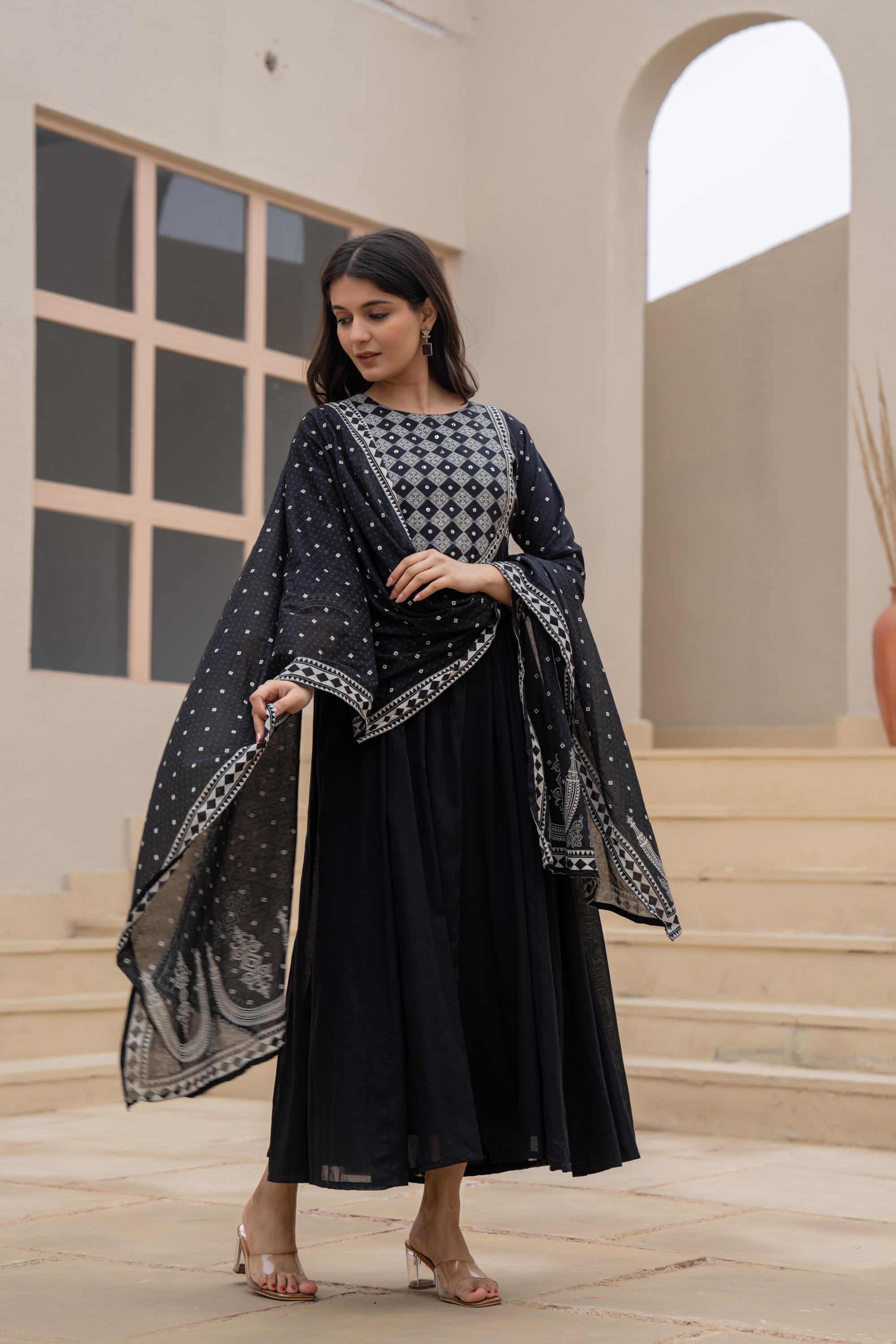 Black Anarkali Dress with Embroidered Dupatta