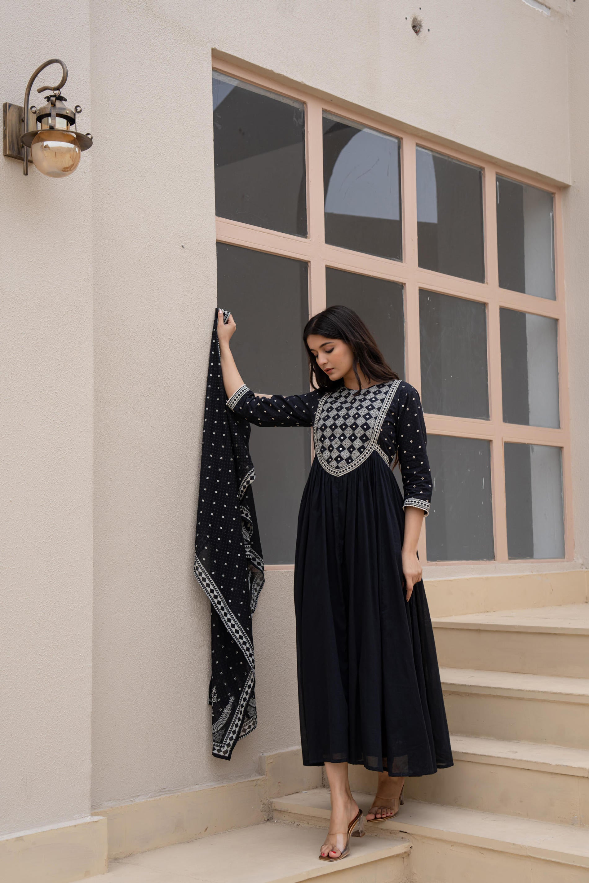 Black Anarkali Dress with Embroidered Dupatta