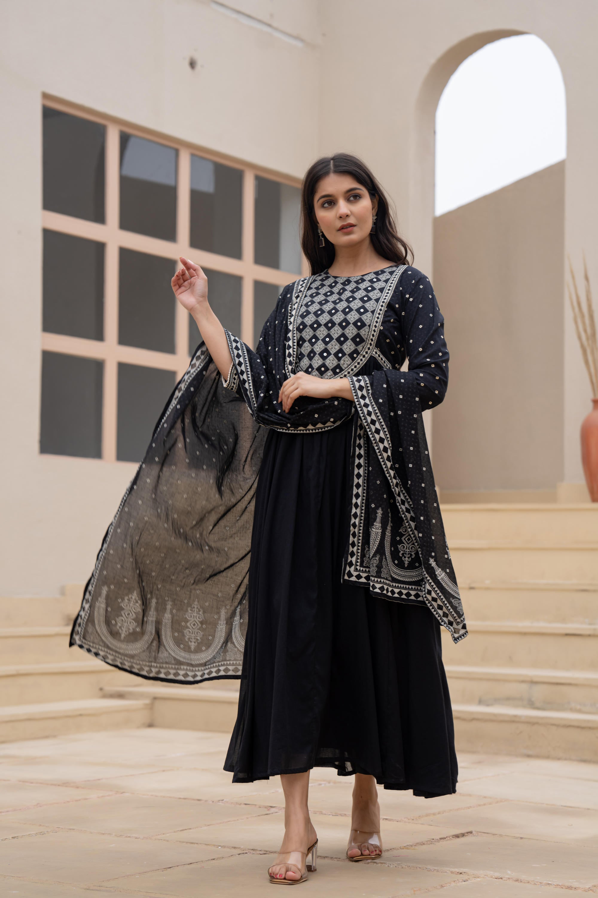 Black Anarkali Dress with Embroidered Dupatta