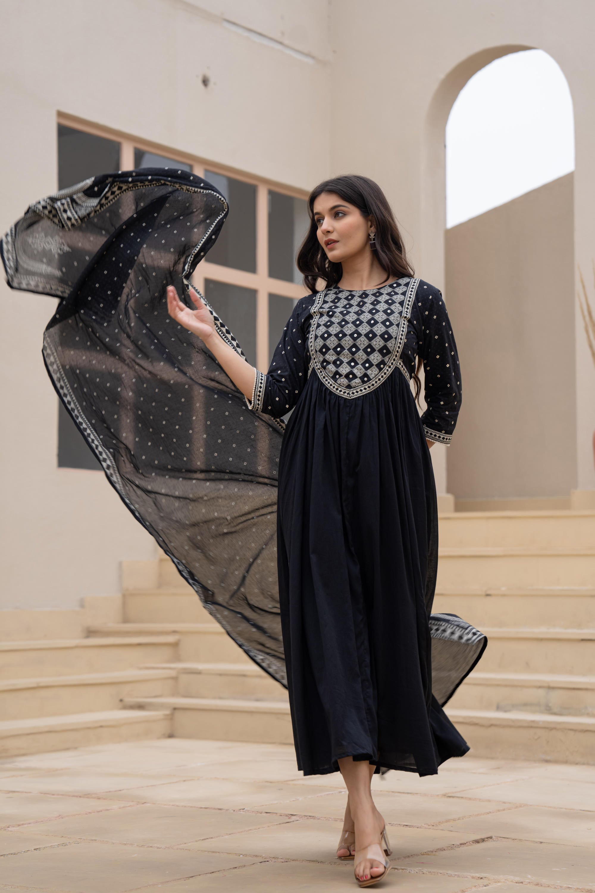 Black Anarkali Dress with Embroidered Dupatta