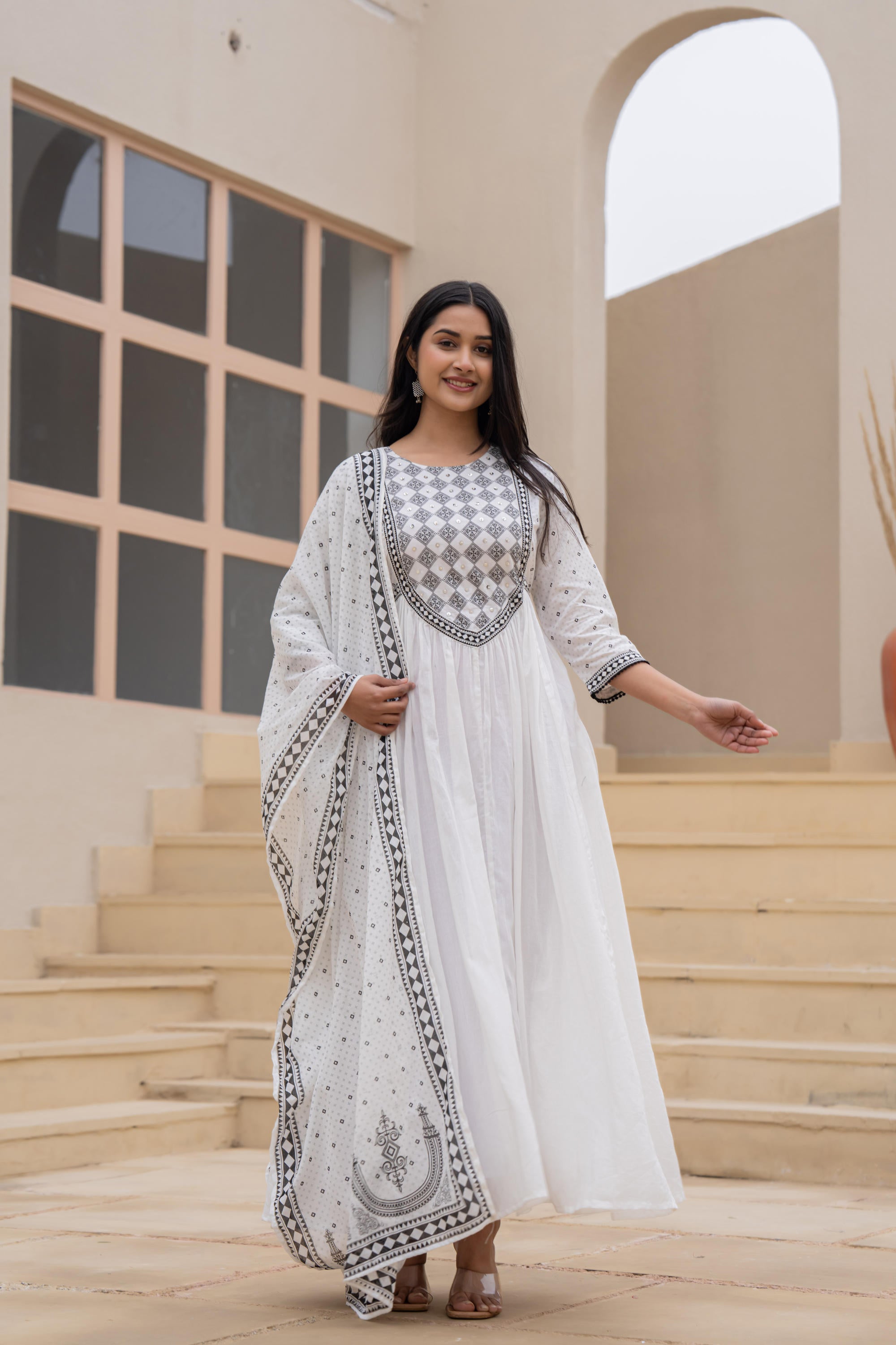White Anarkali Dress with Embroidered Dupatta