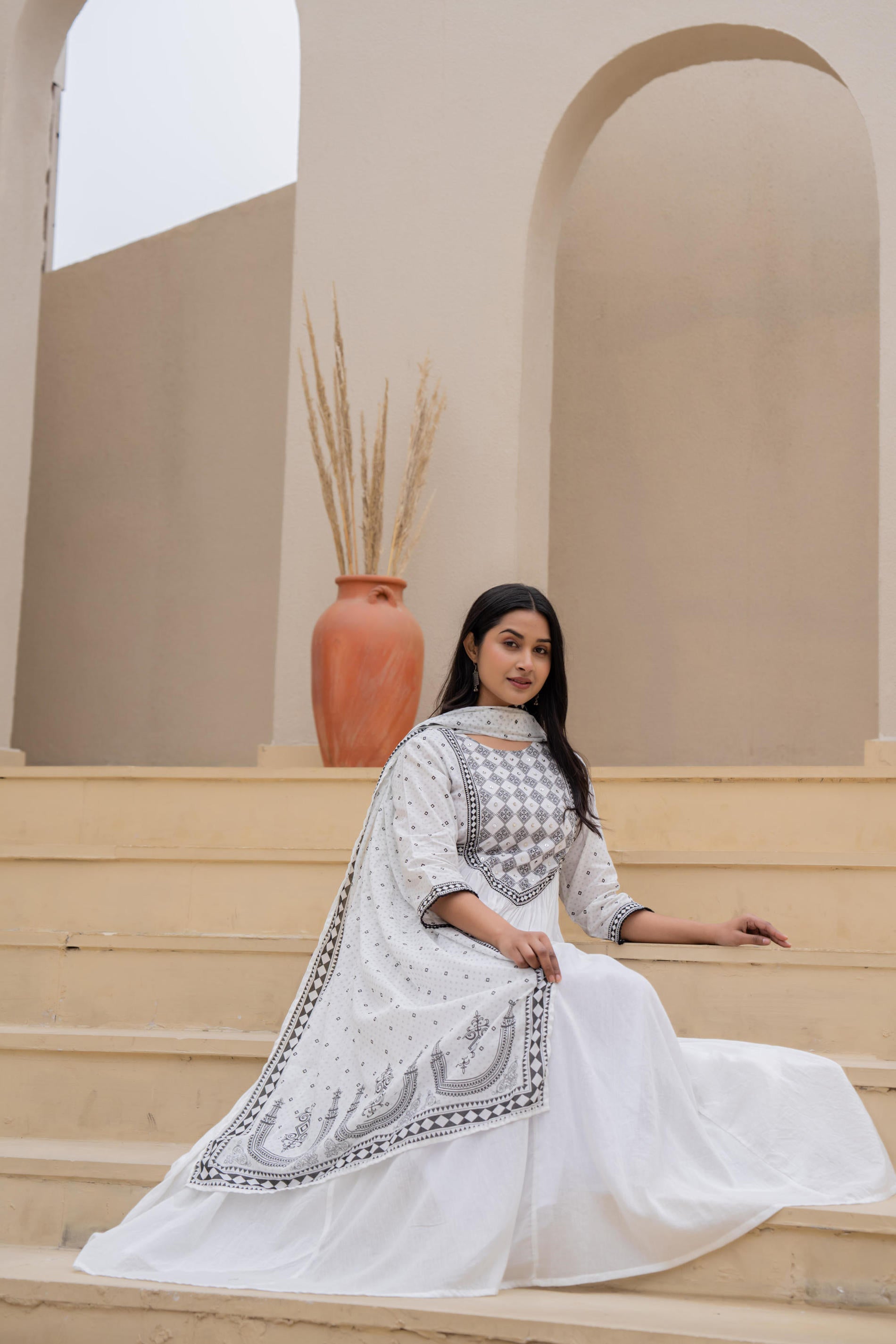 White Anarkali Dress with Embroidered Dupatta