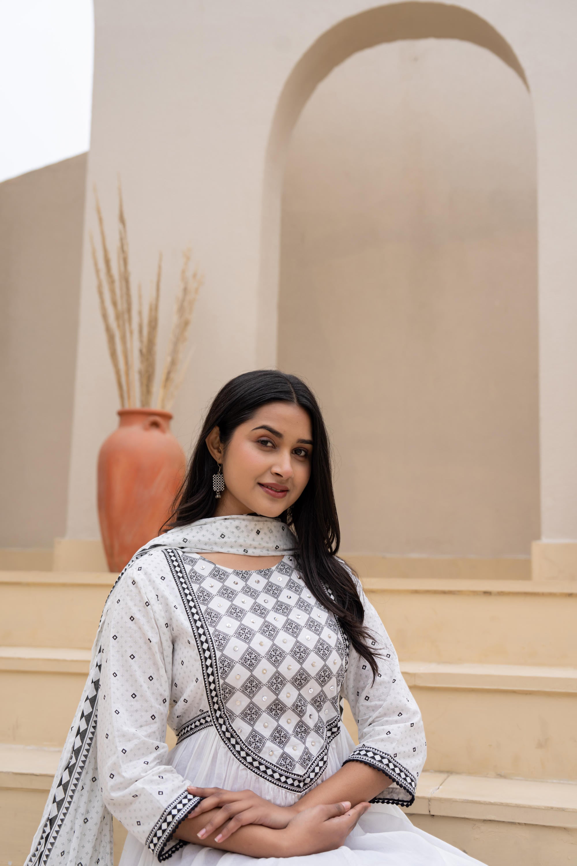 White Anarkali Dress with Embroidered Dupatta