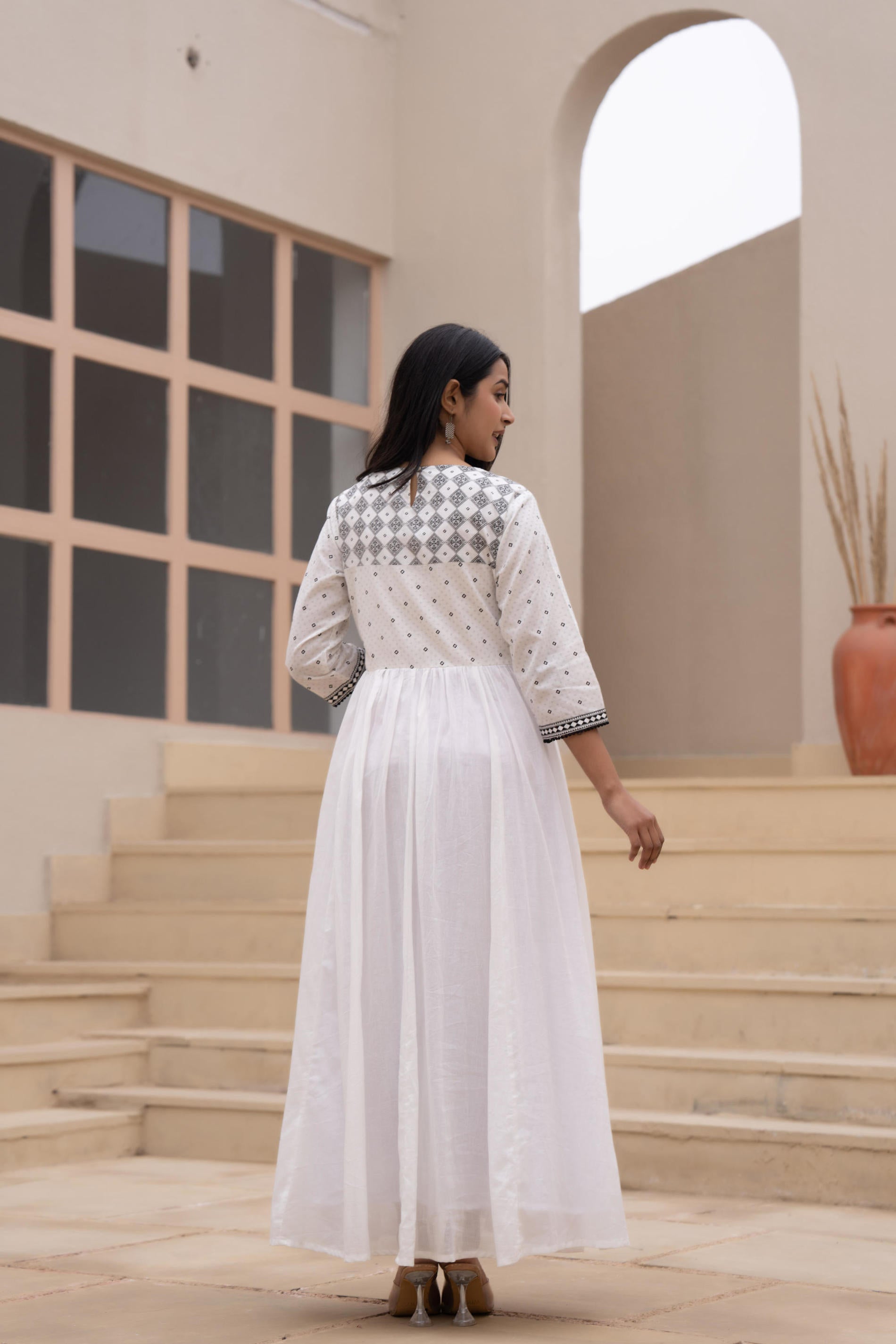 White Anarkali Dress with Embroidered Dupatta
