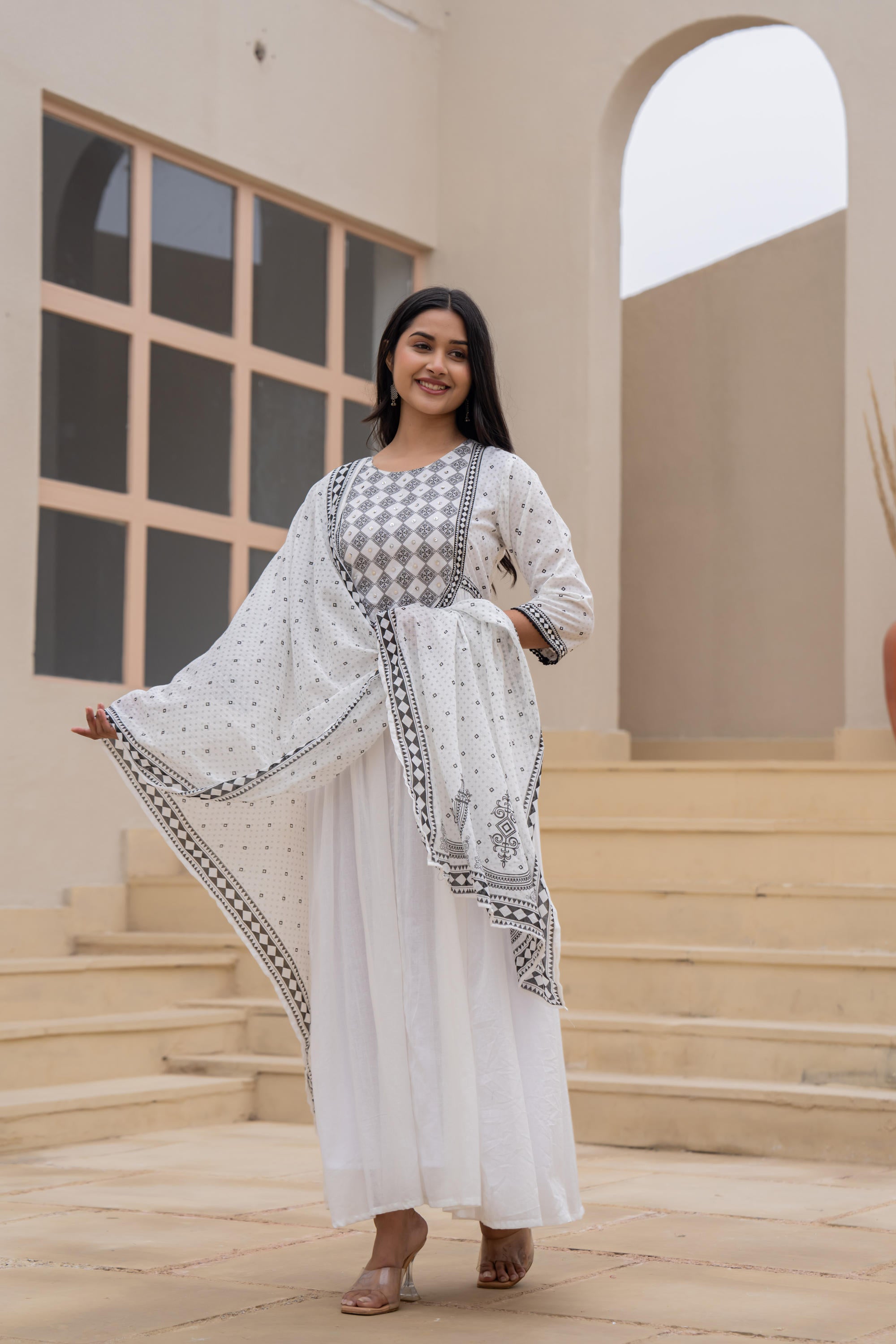 White Anarkali Dress with Embroidered Dupatta