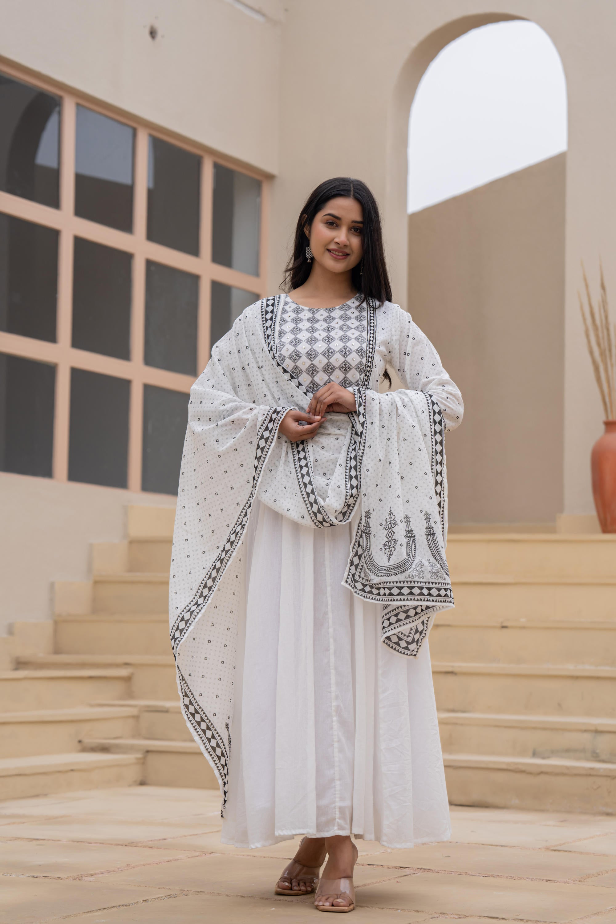 White Anarkali Dress with Embroidered Dupatta
