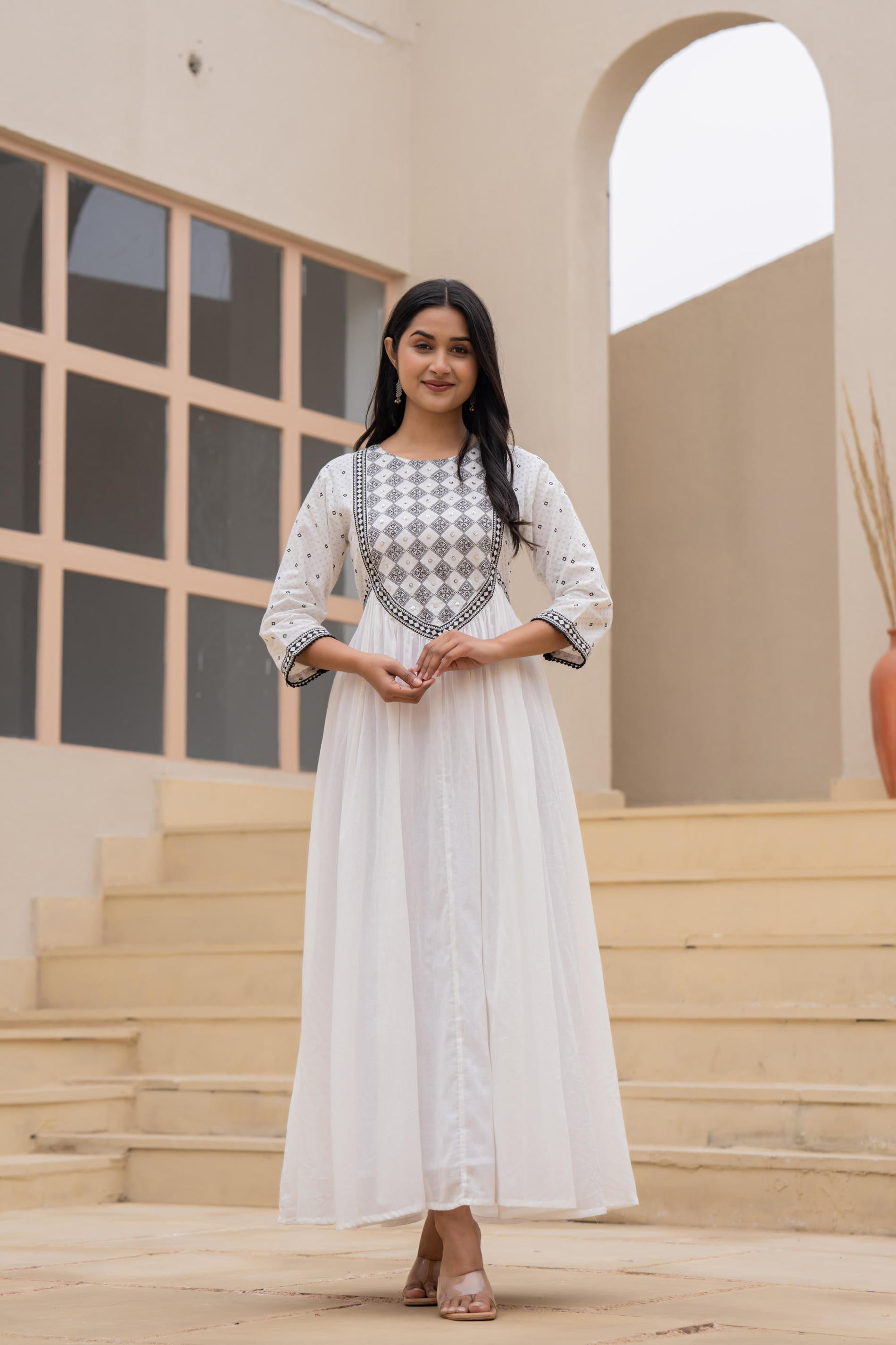 White Anarkali Dress with Embroidered Dupatta