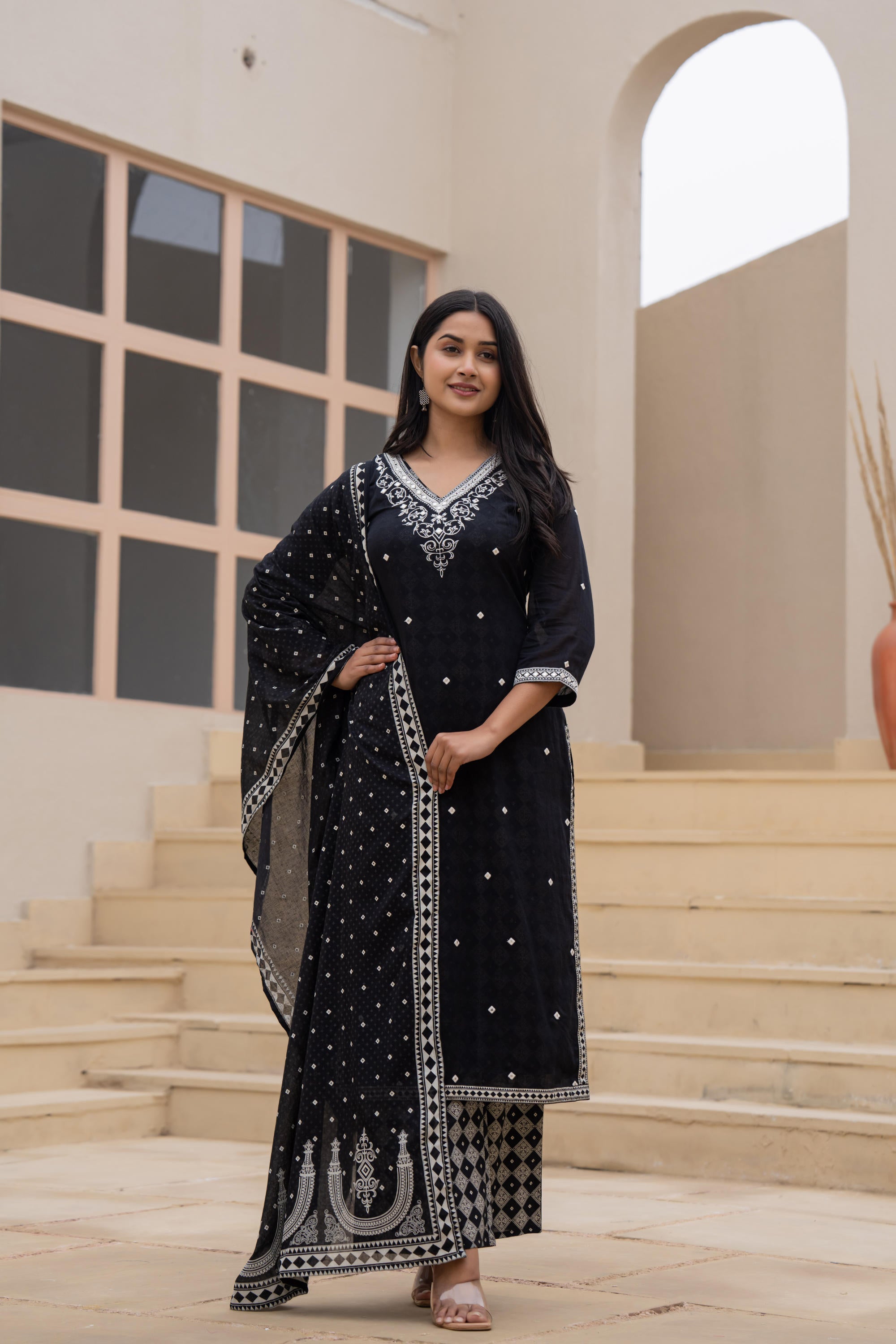 Black Printed Cotton Kurta Set with Embroidered Neckline & Dupatta
