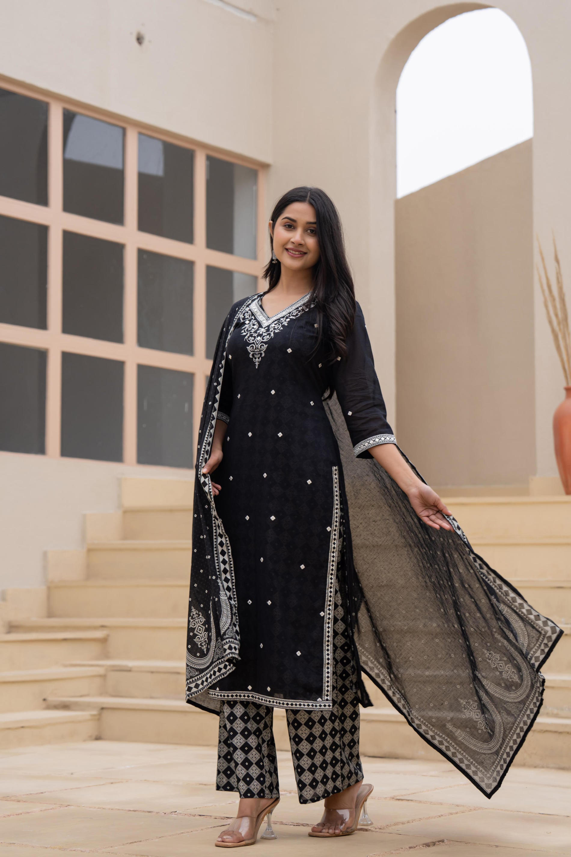 Black Printed Cotton Kurta Set with Embroidered Neckline & Dupatta
