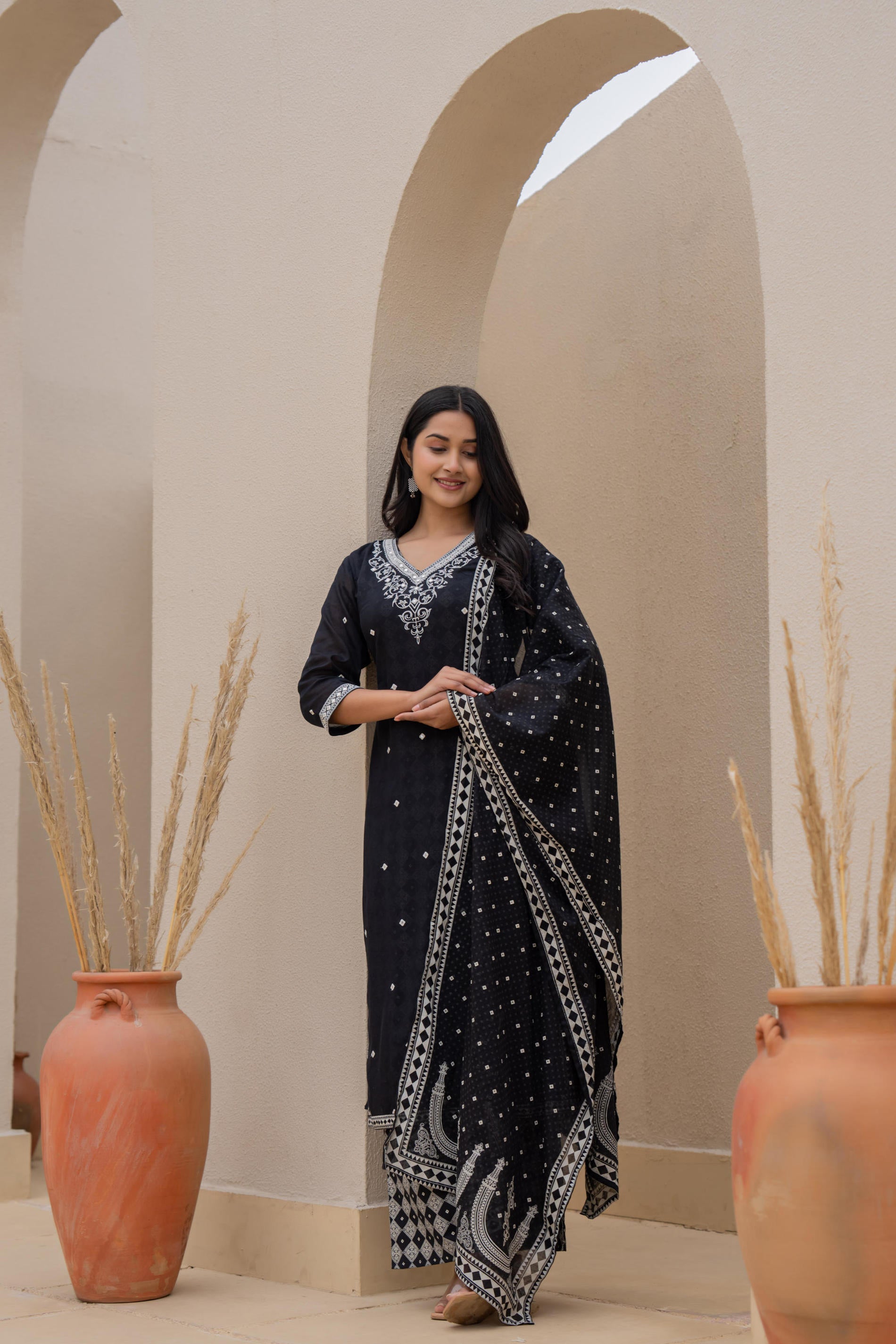 Black Printed Cotton Kurta Set with Embroidered Neckline & Dupatta