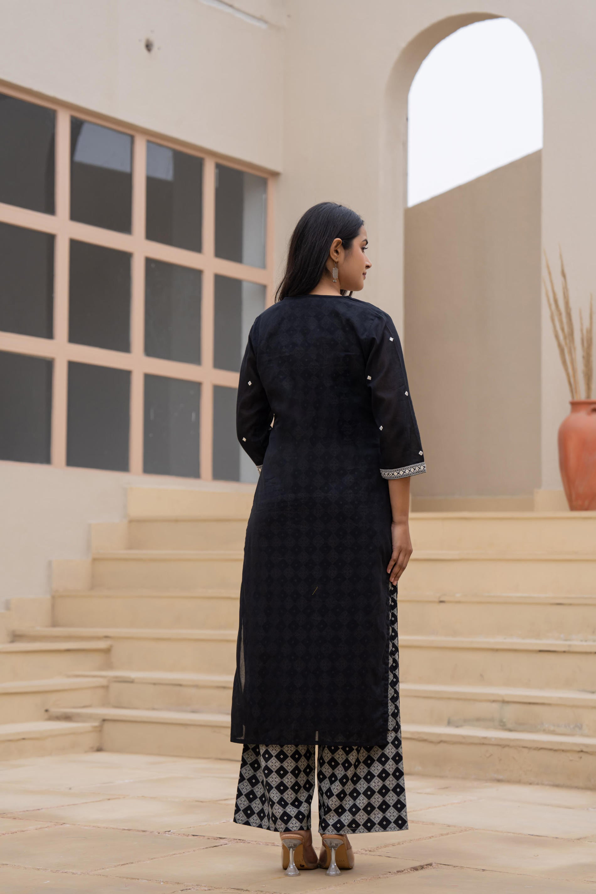 Black Printed Cotton Kurta Set with Embroidered Neckline & Dupatta