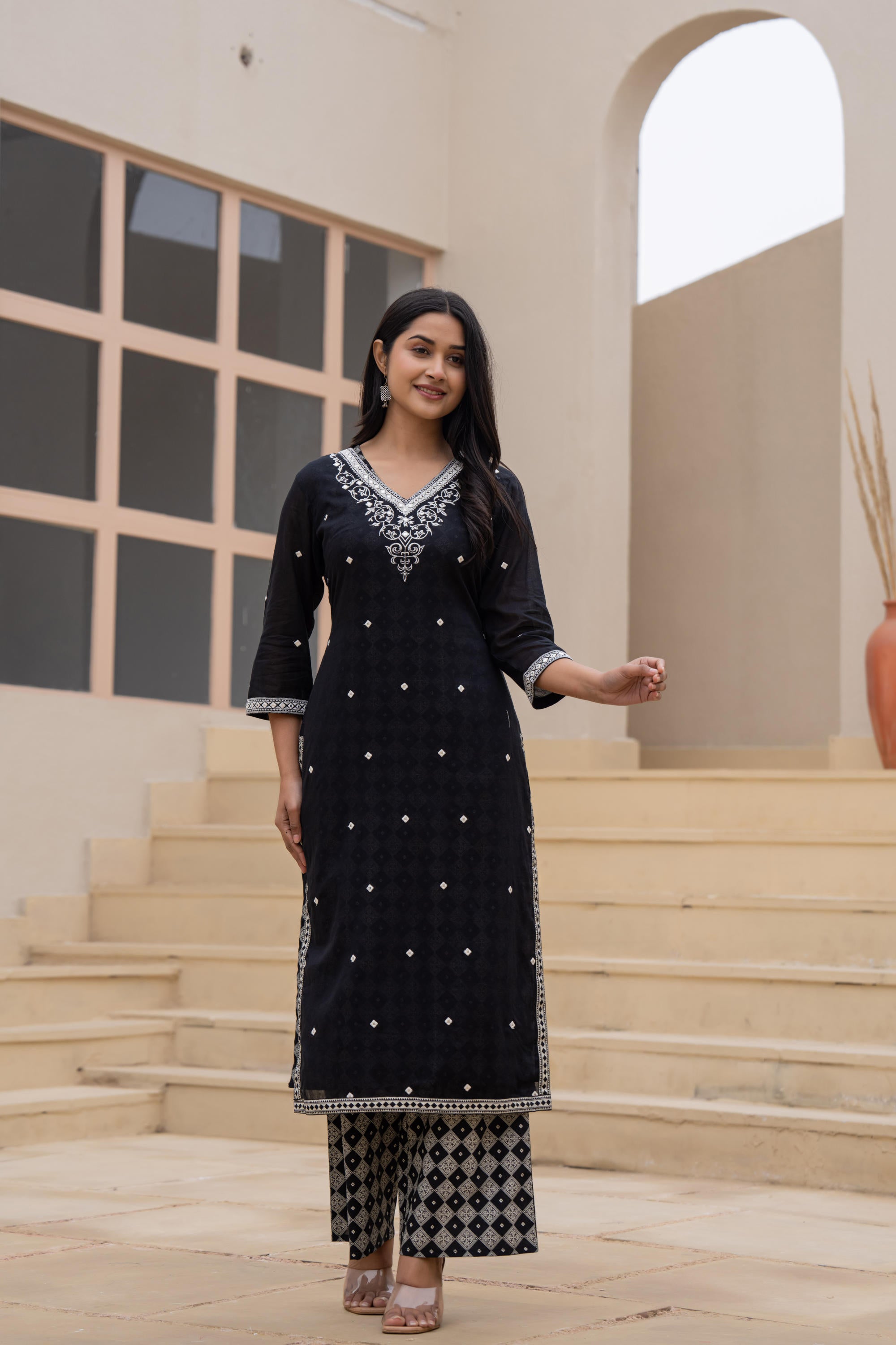 Black Printed Cotton Kurta Set with Embroidered Neckline & Dupatta