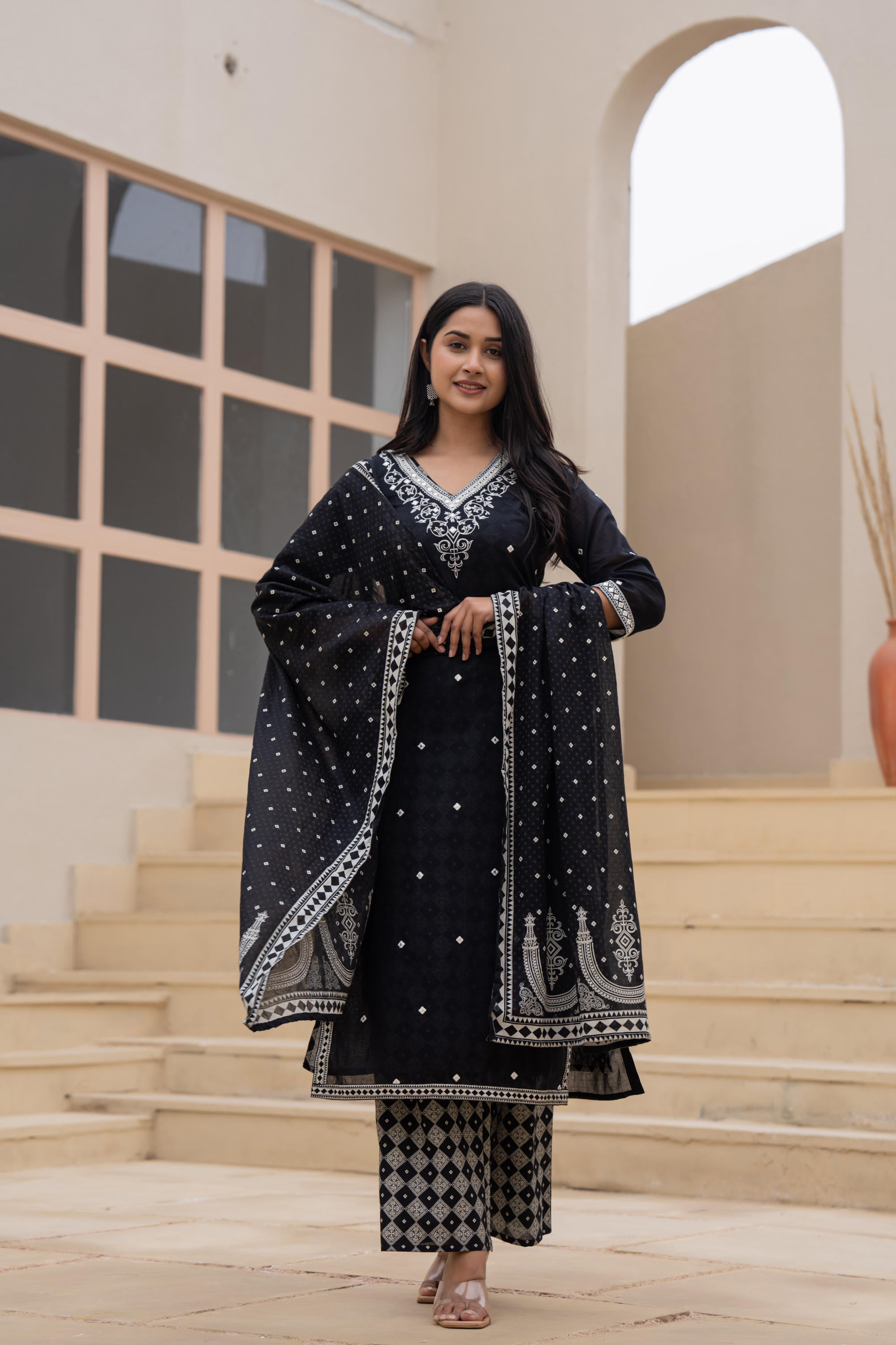 Black Printed Cotton Kurta Set with Embroidered Neckline & Dupatta