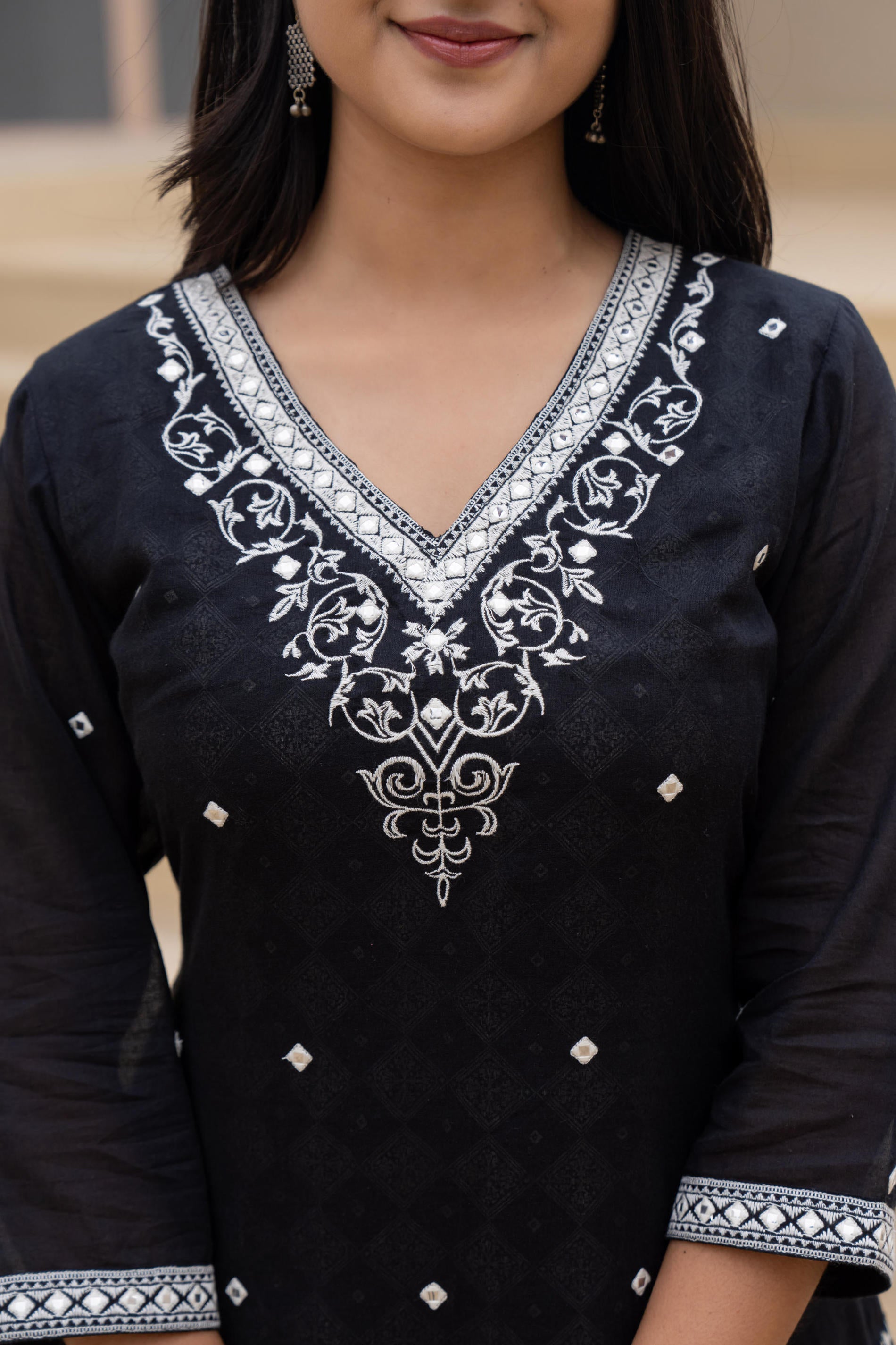Black Printed Cotton Kurta Set with Embroidered Neckline & Dupatta