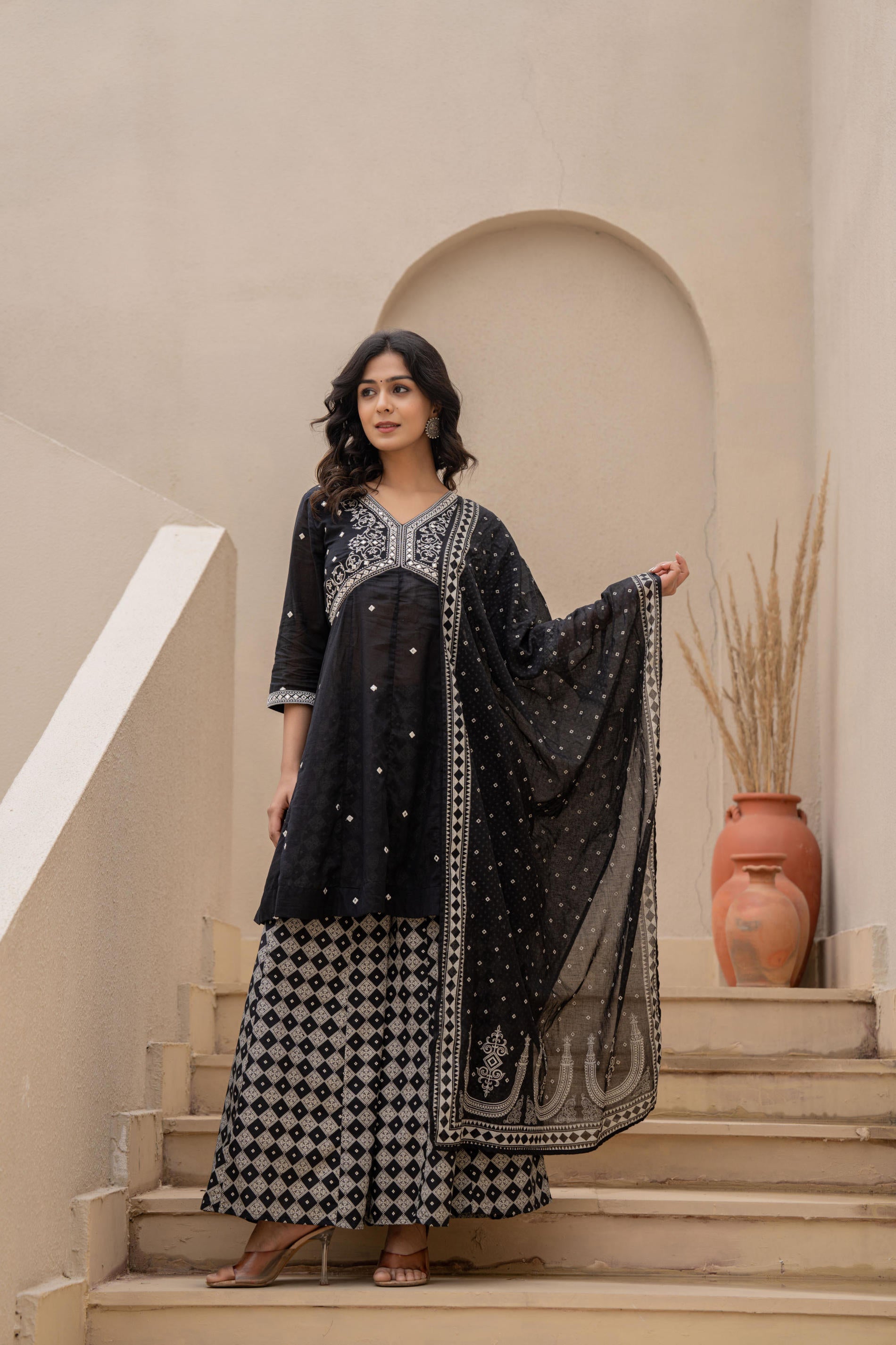 Black Kurta Set with Heavy Embroidered Neck and Printed Palazzo