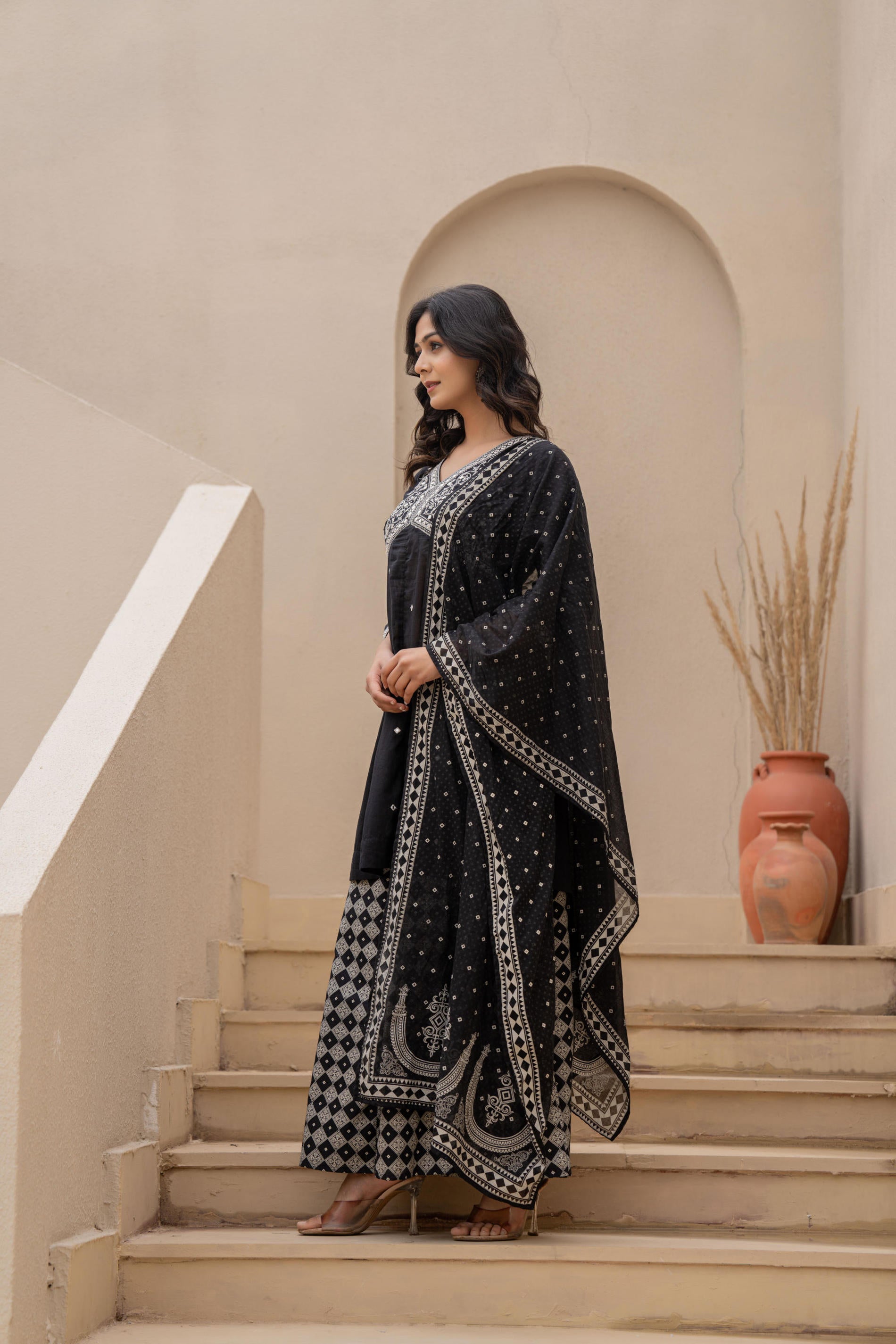 Black Kurta Set with Heavy Embroidered Neck and Printed Palazzo