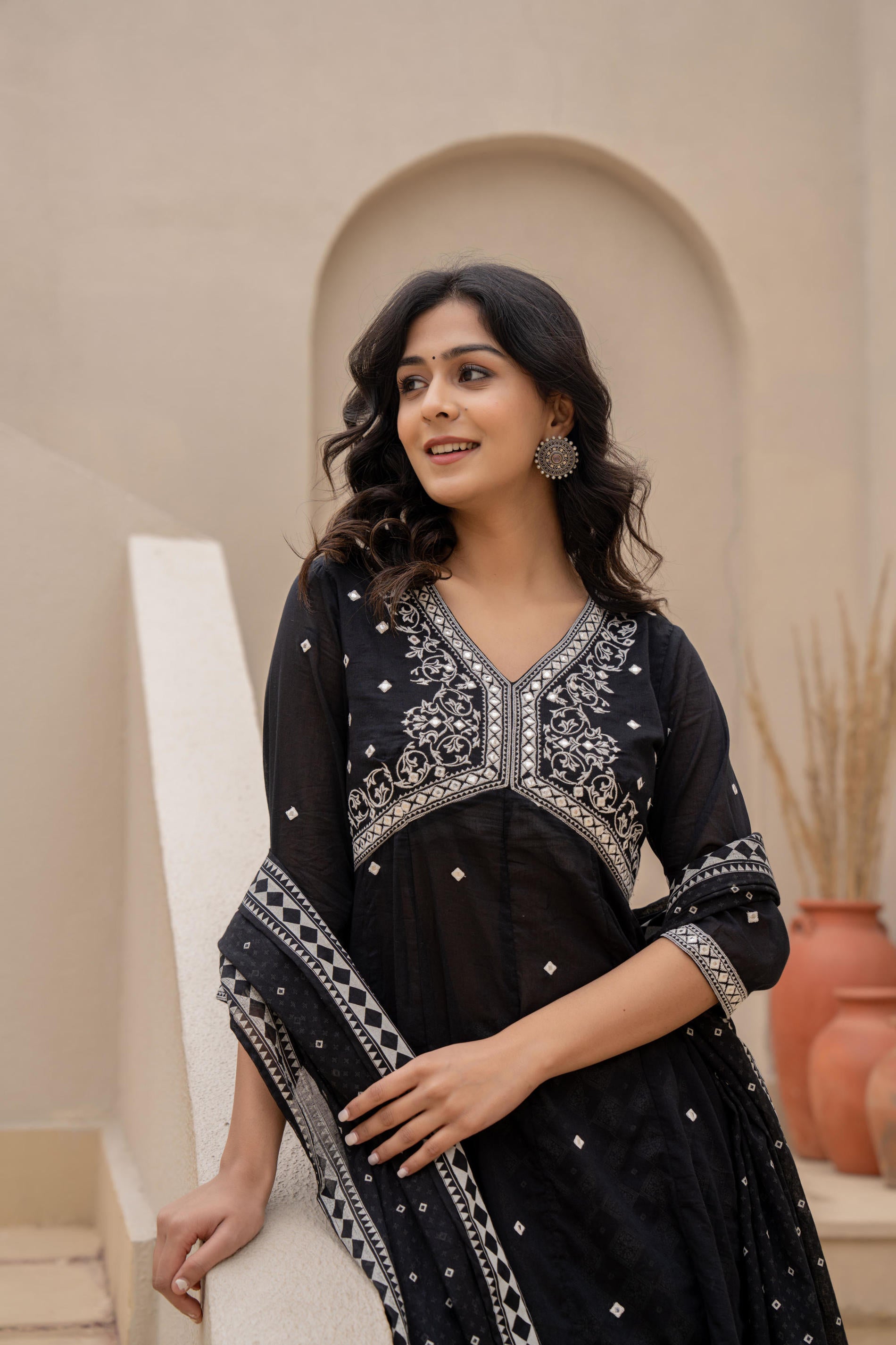 Black Kurta Set with Heavy Embroidered Neck and Printed Palazzo