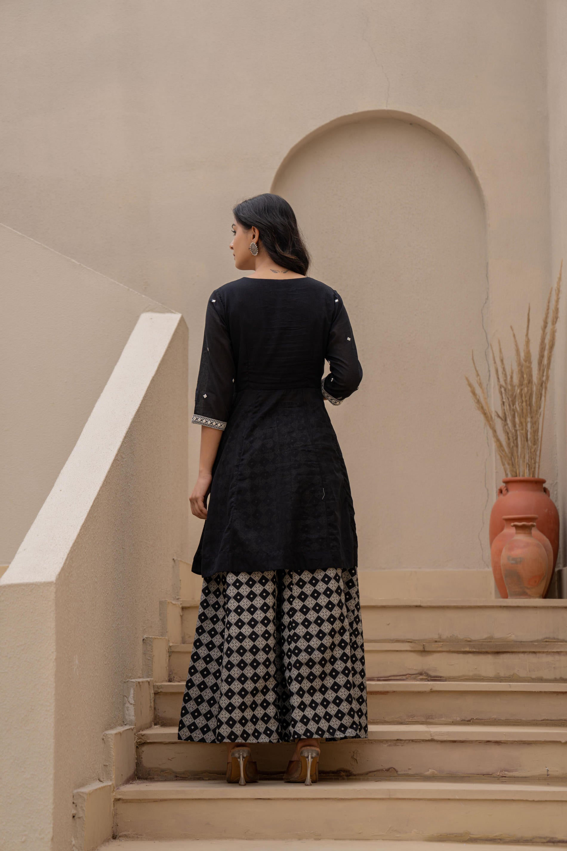 Black Kurta Set with Heavy Embroidered Neck and Printed Palazzo