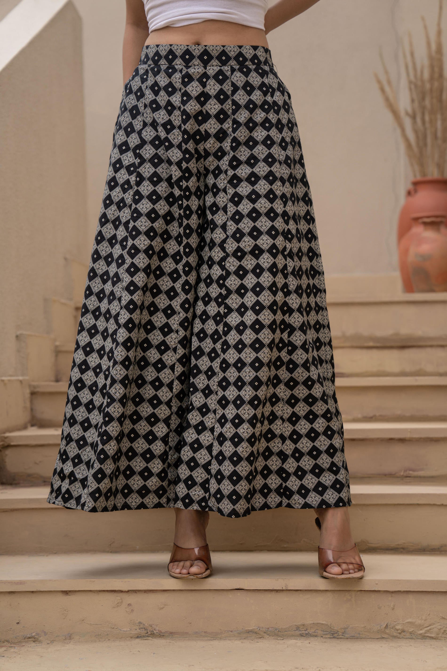 Black Kurta Set with Heavy Embroidered Neck and Printed Palazzo