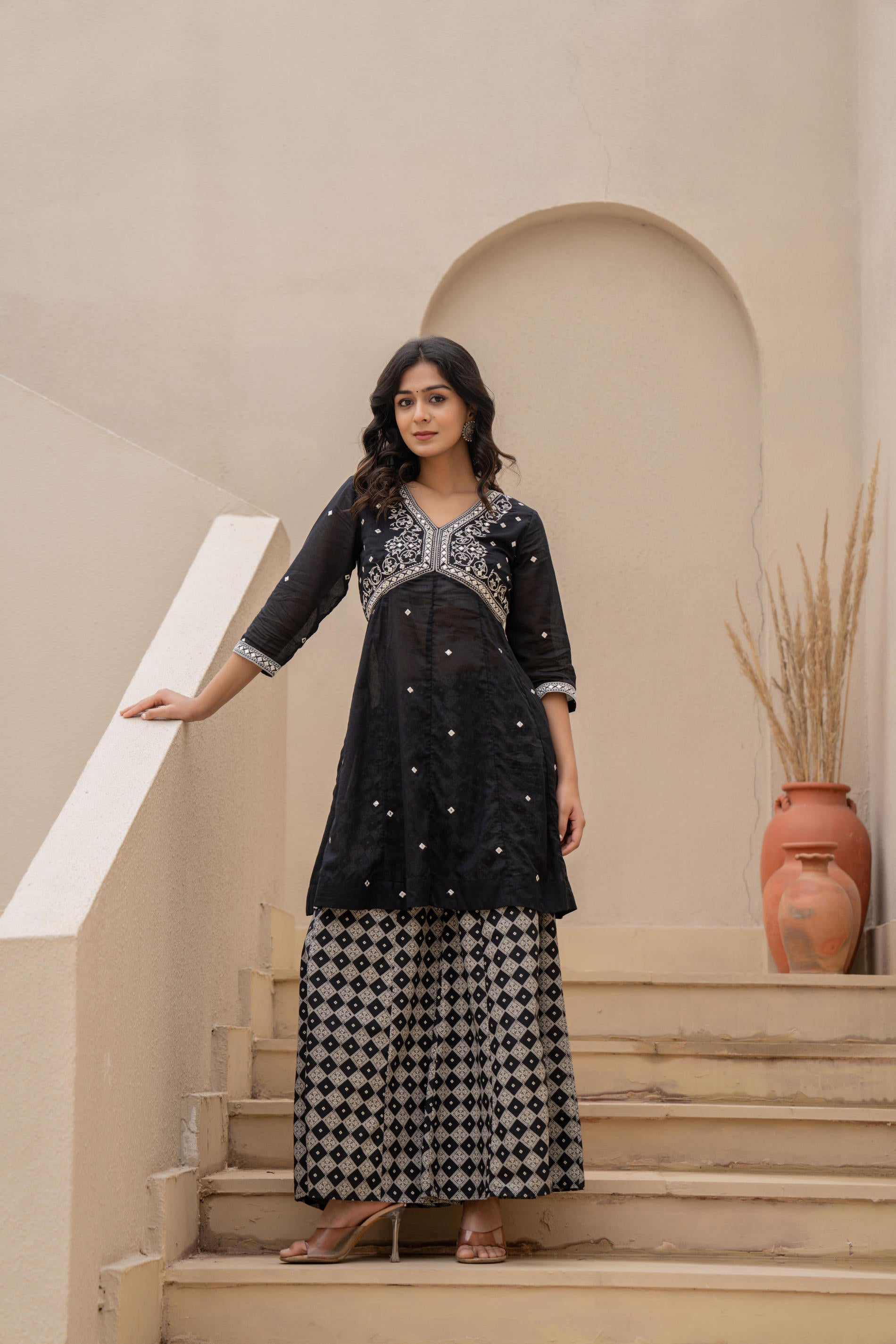 Black Kurta Set with Heavy Embroidered Neck and Printed Palazzo
