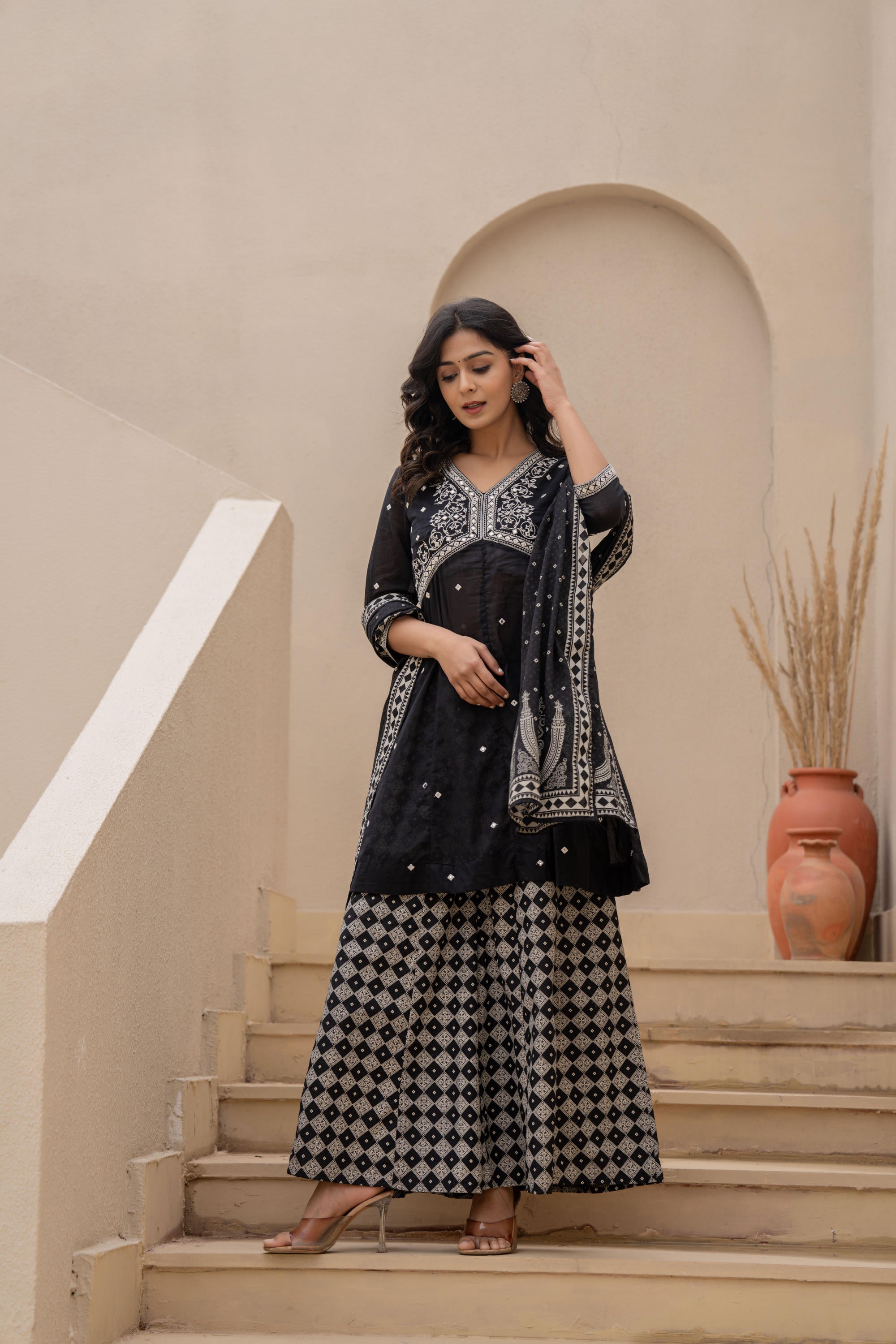 Black Kurta Set with Heavy Embroidered Neck and Printed Palazzo