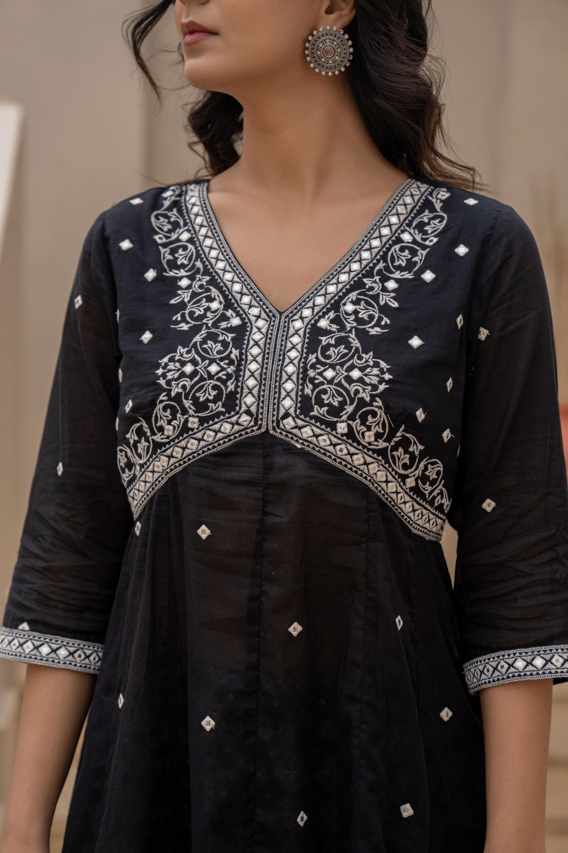 Black Kurta Set with Heavy Embroidered Neck and Printed Palazzo