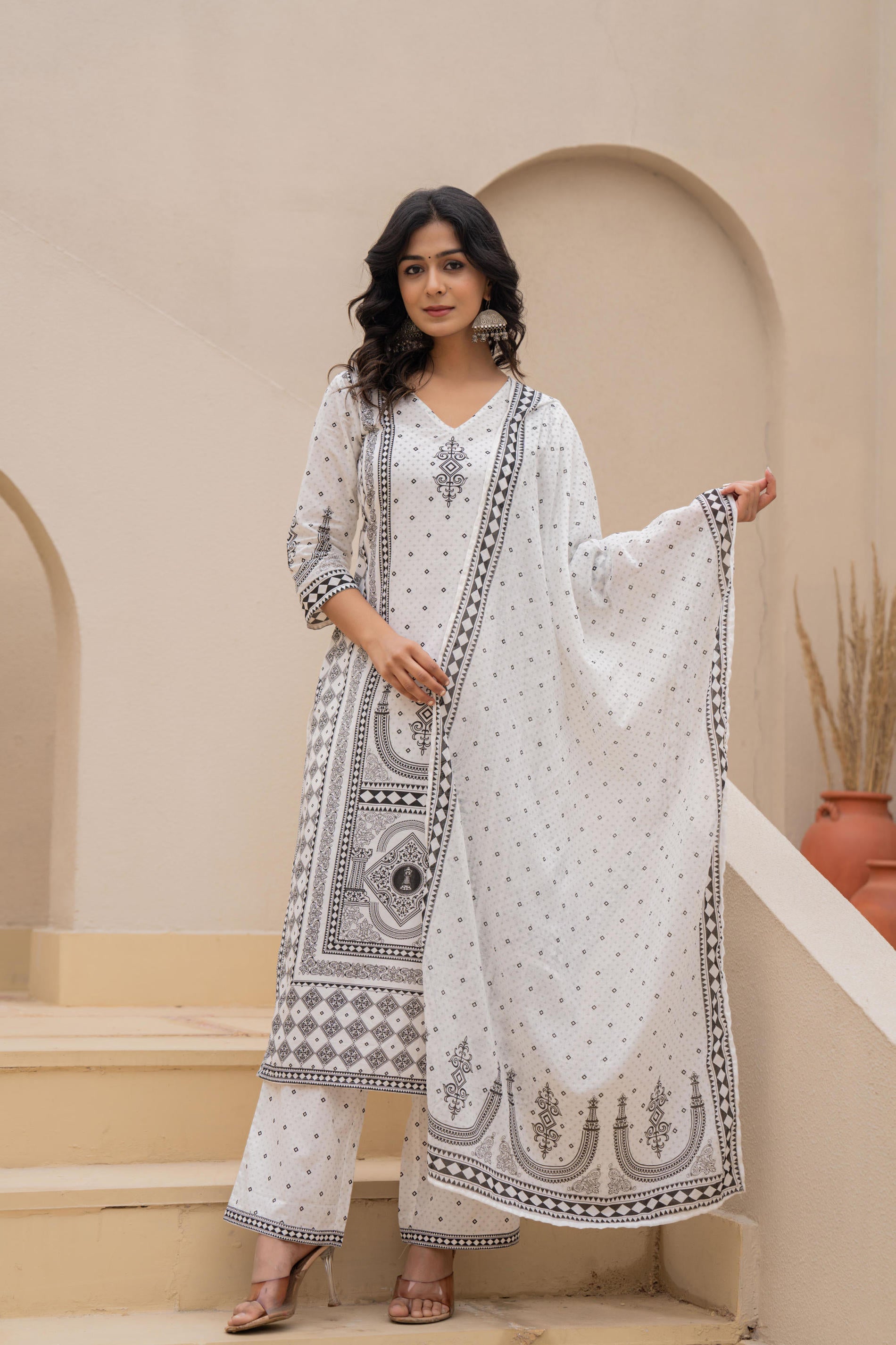 White Printed Kurta Set with Palazzo & Dupatta