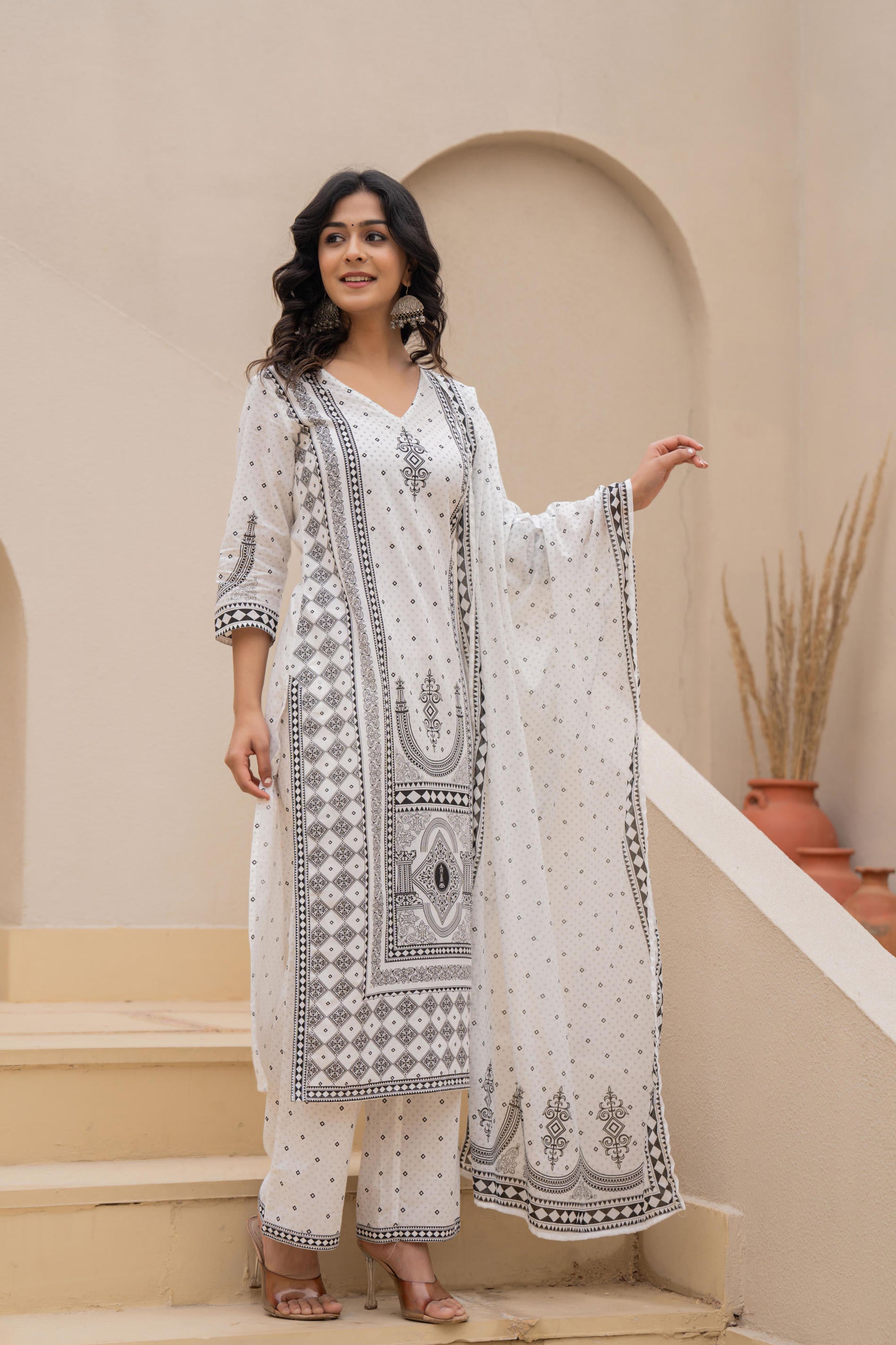 White Printed Kurta Set with Palazzo & Dupatta