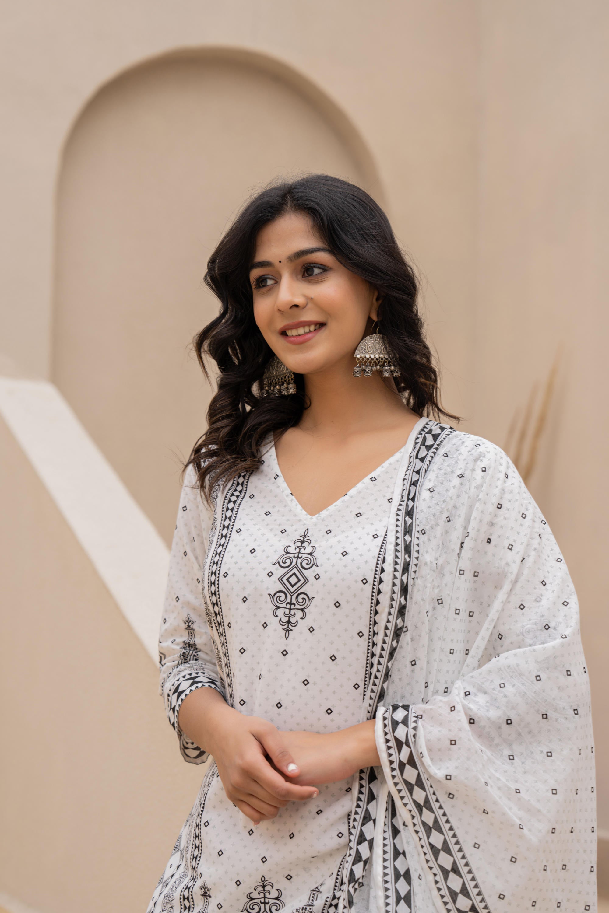 White Printed Kurta Set with Palazzo & Dupatta