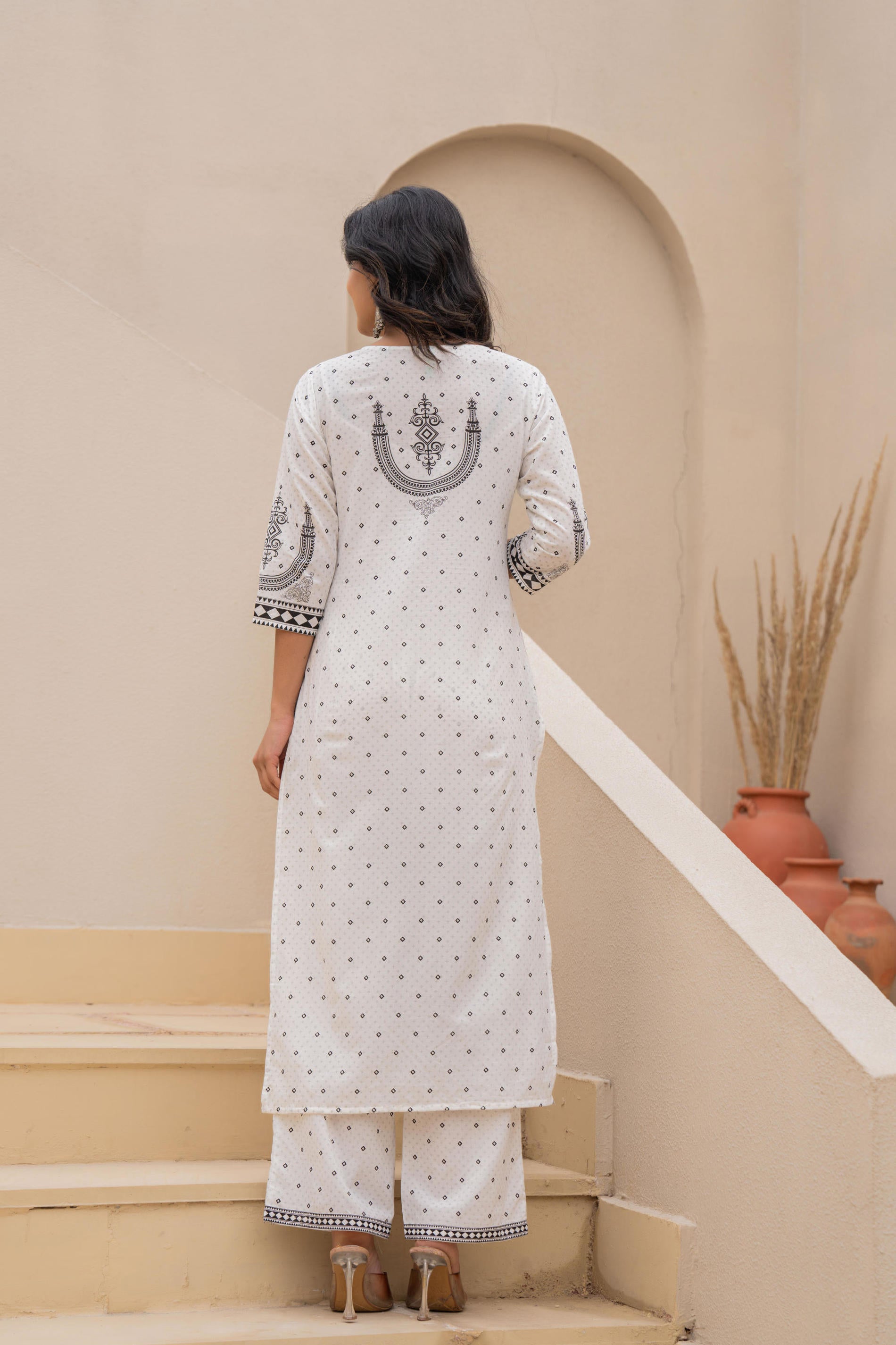 White Printed Kurta Set with Palazzo & Dupatta