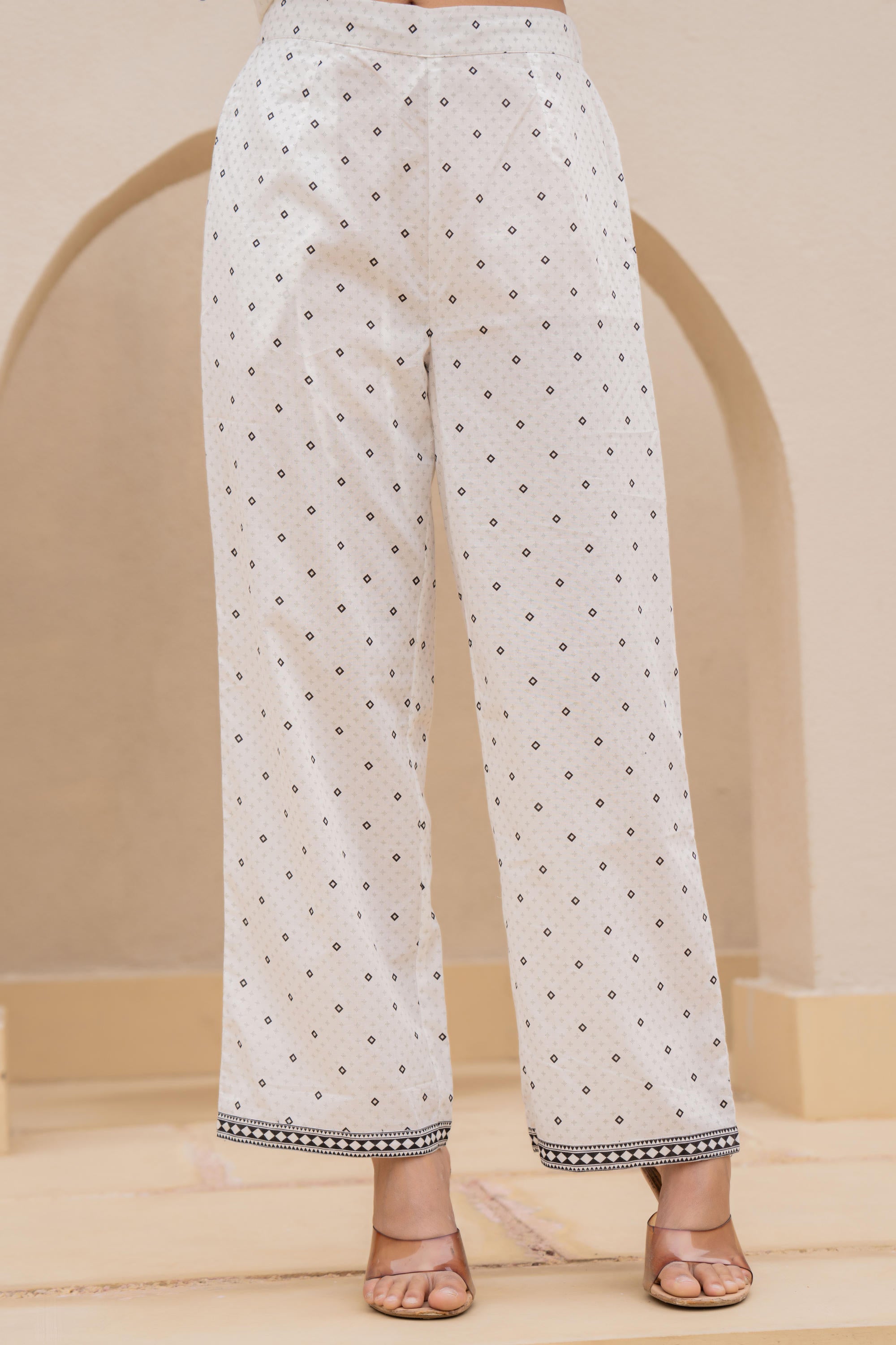 White Printed Kurta Set with Palazzo & Dupatta