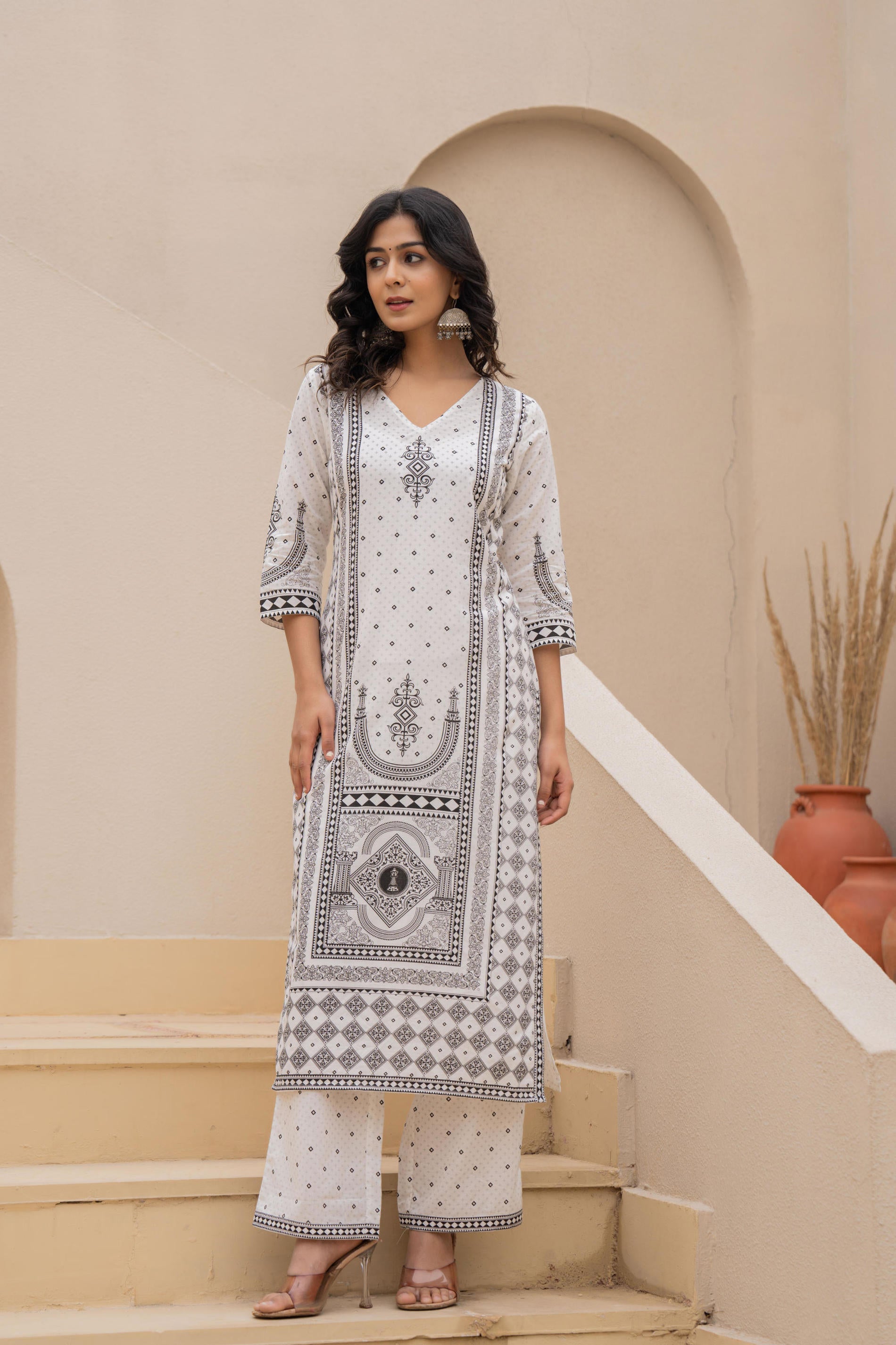 White Printed Kurta Set with Palazzo & Dupatta