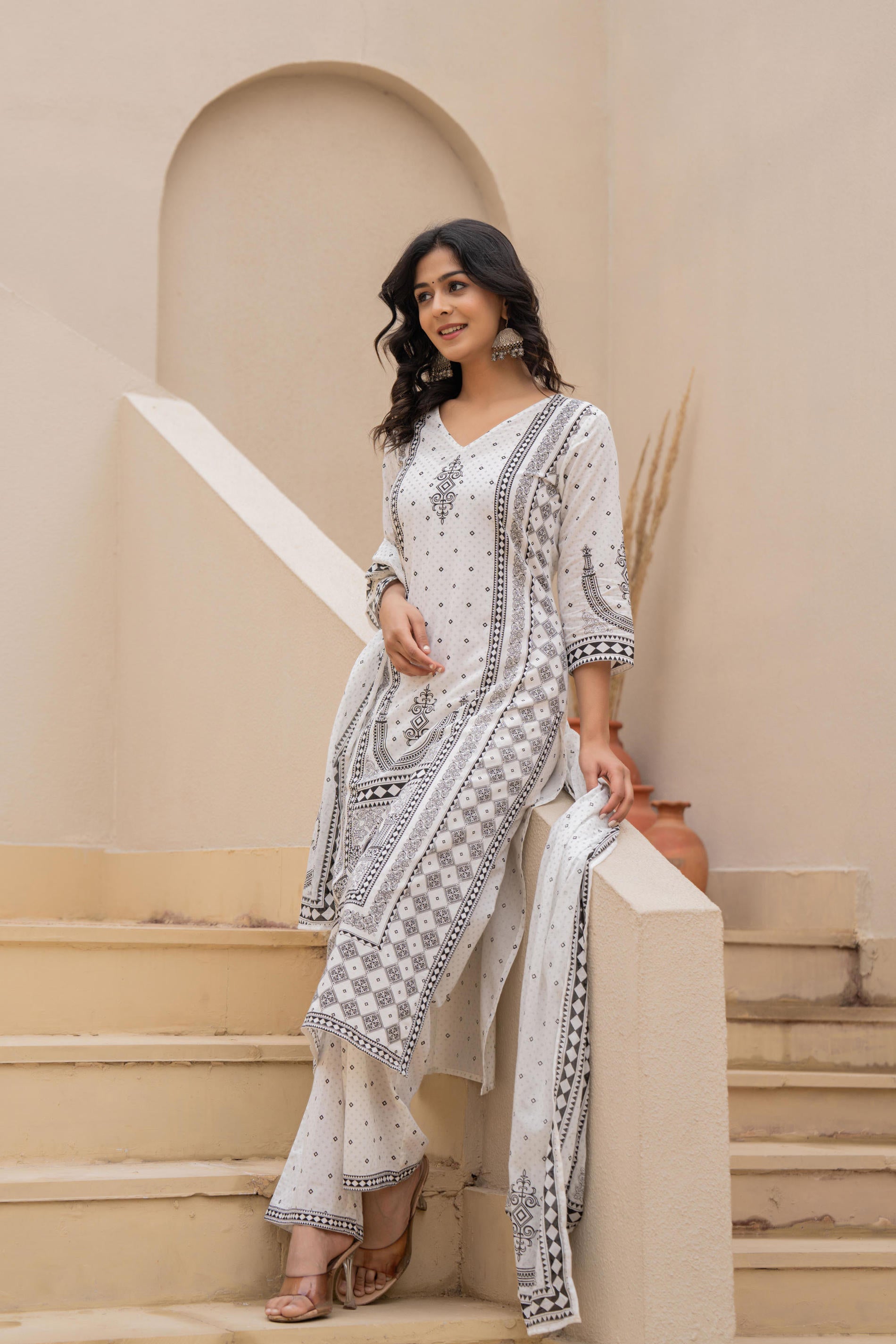 White Printed Kurta Set with Palazzo & Dupatta