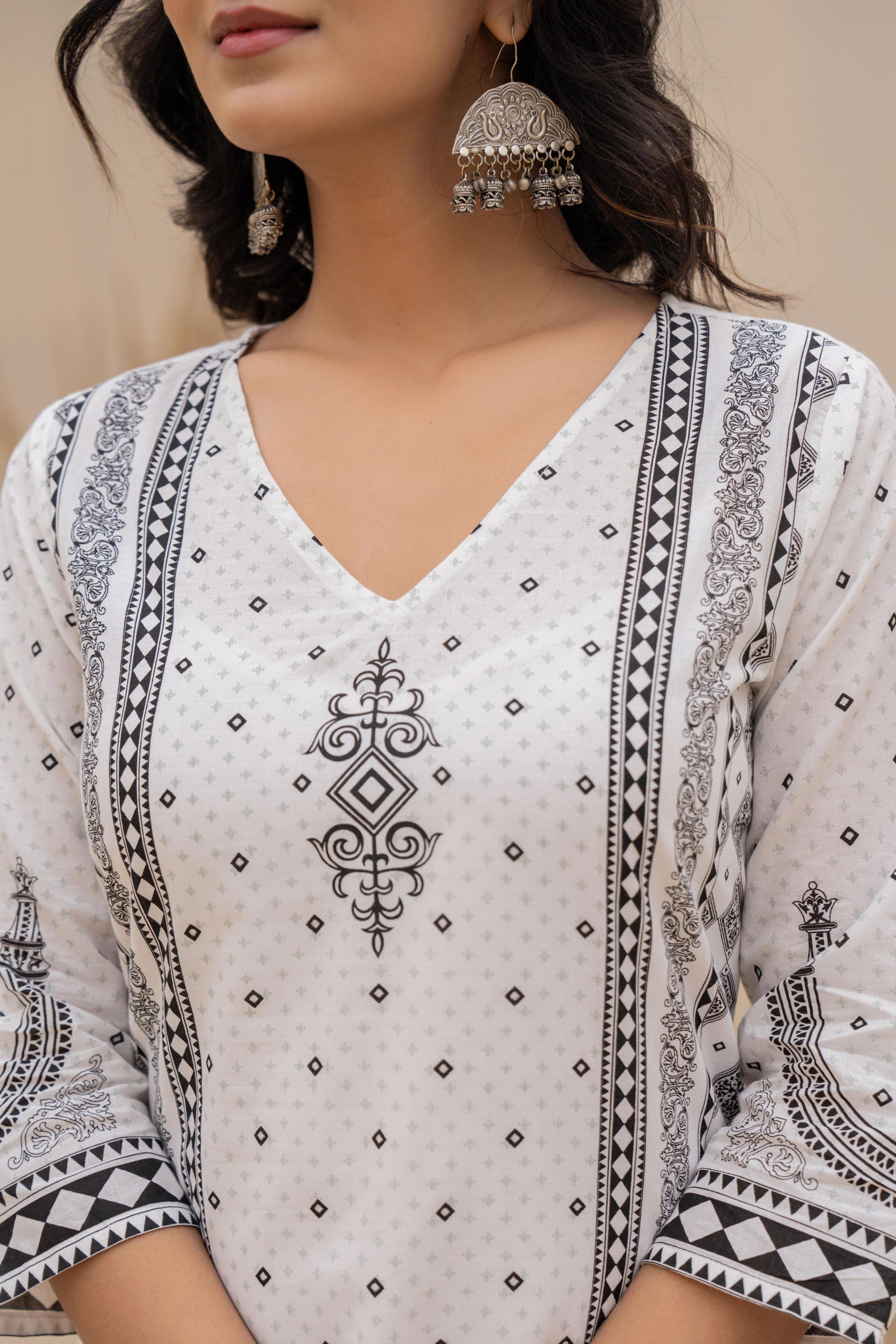 White Printed Kurta Set with Palazzo & Dupatta