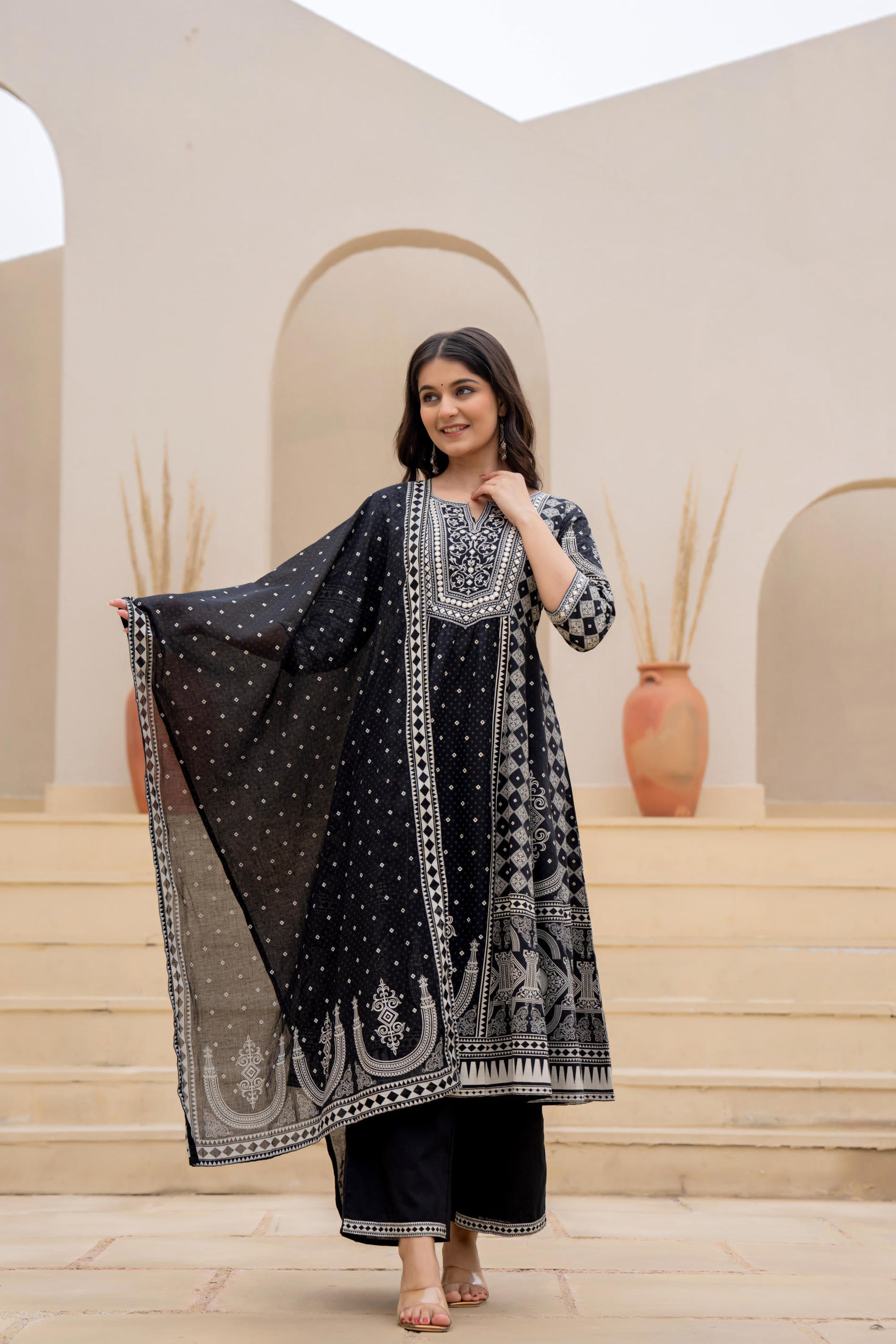 Black Ethnic Motif Printed Kurta Set With Thread & Mirror Work
