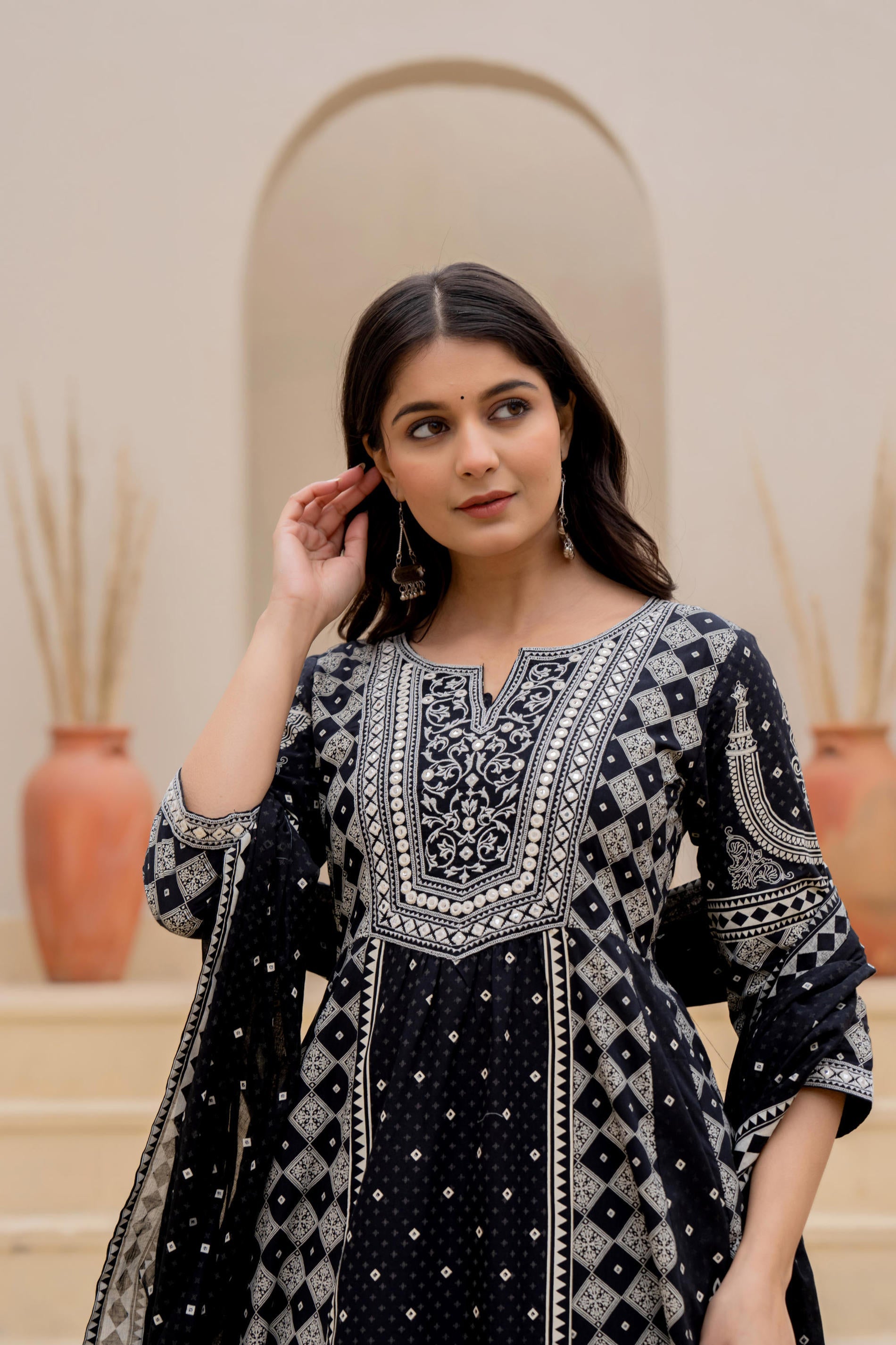 Black Ethnic Motif Printed Kurta Set With Thread & Mirror Work