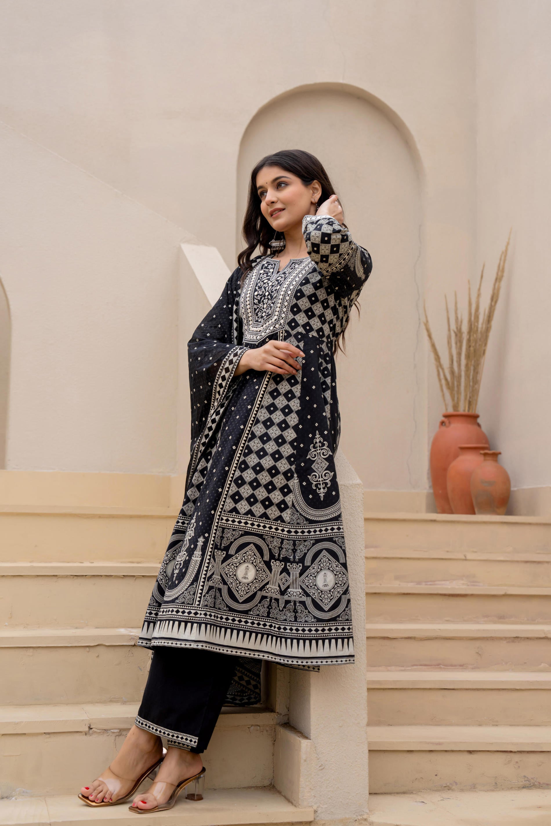 Black Ethnic Motif Printed Kurta Set With Thread & Mirror Work