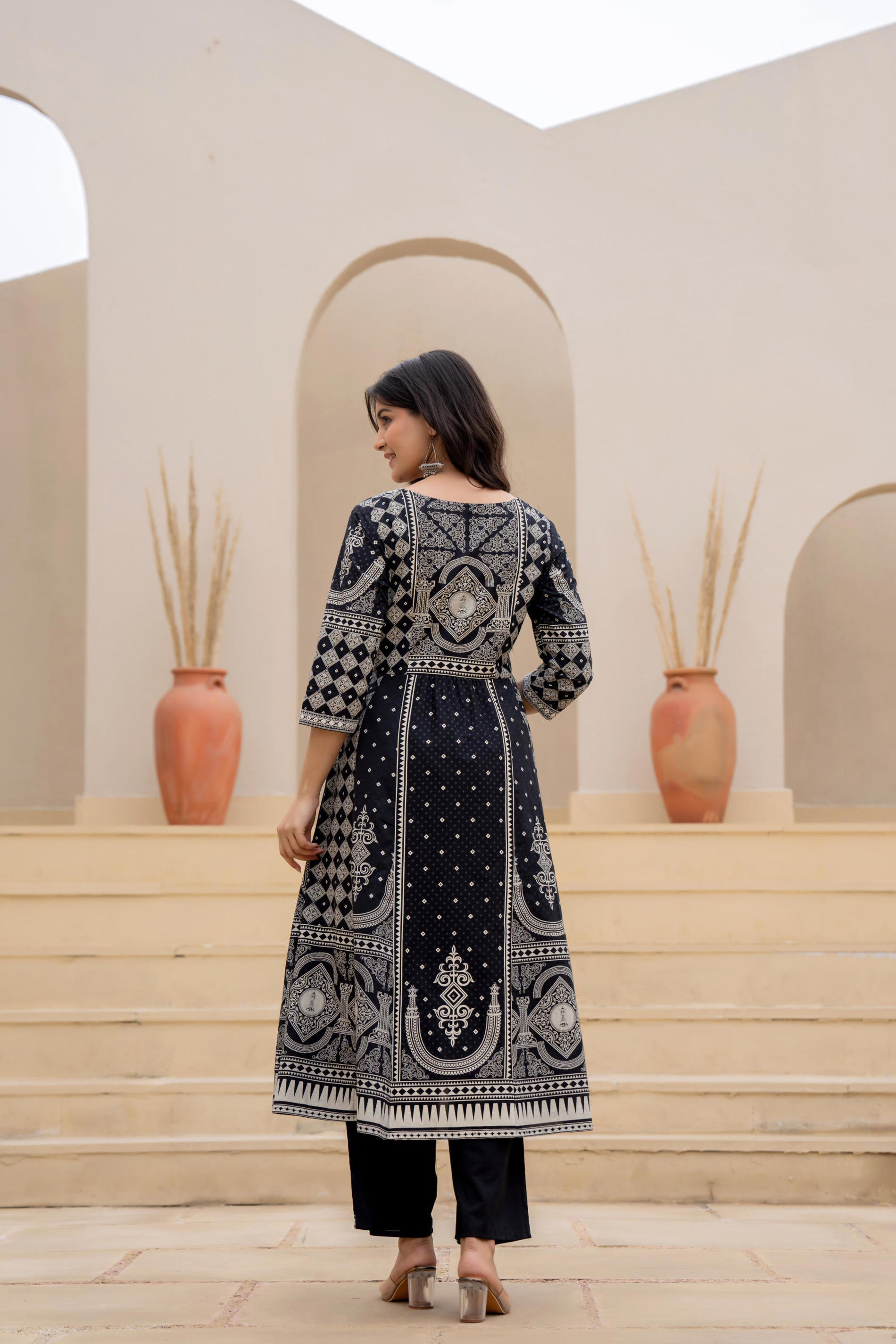 Black Ethnic Motif Printed Kurta Set With Thread & Mirror Work