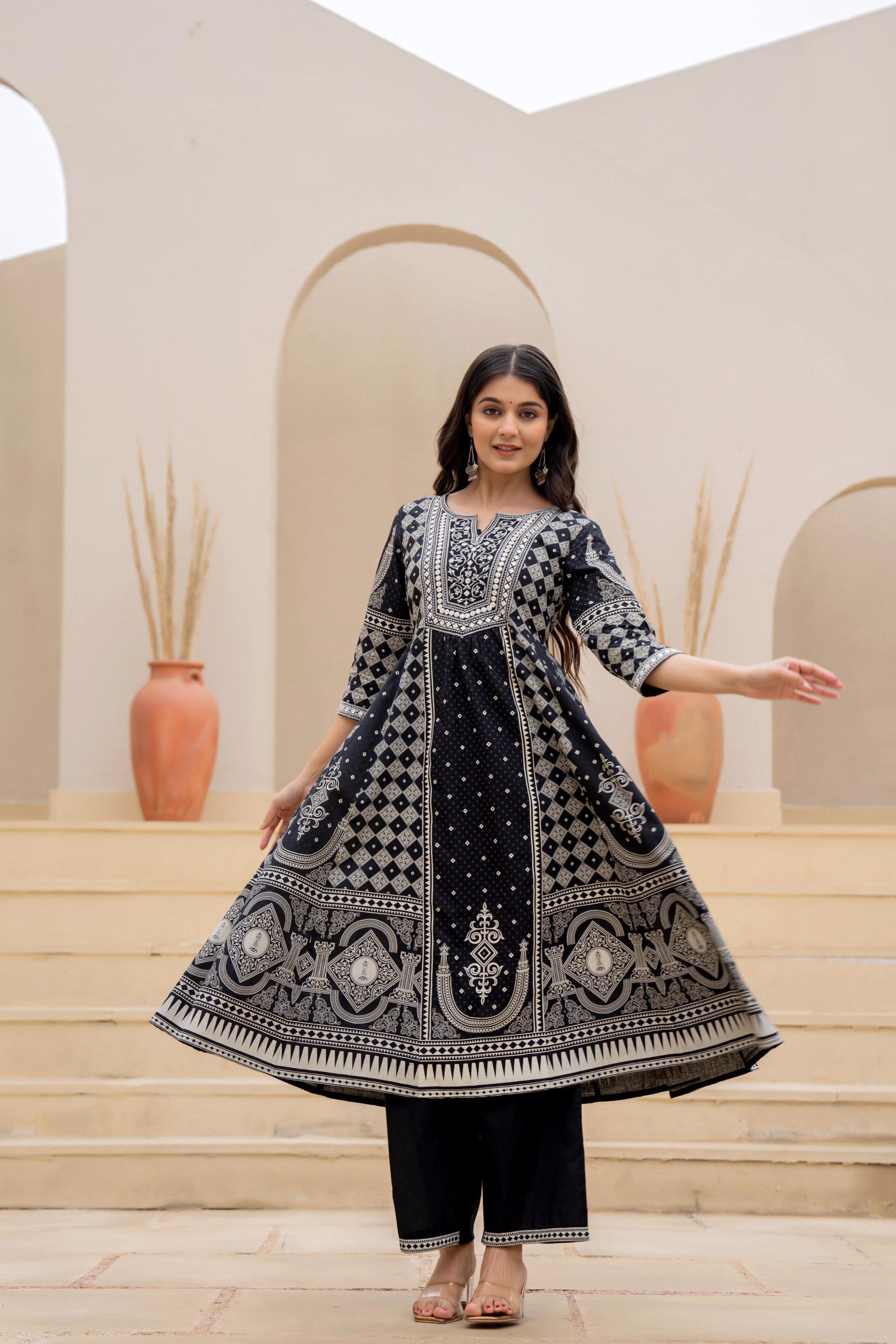 Black Ethnic Motif Printed Kurta Set With Thread & Mirror Work