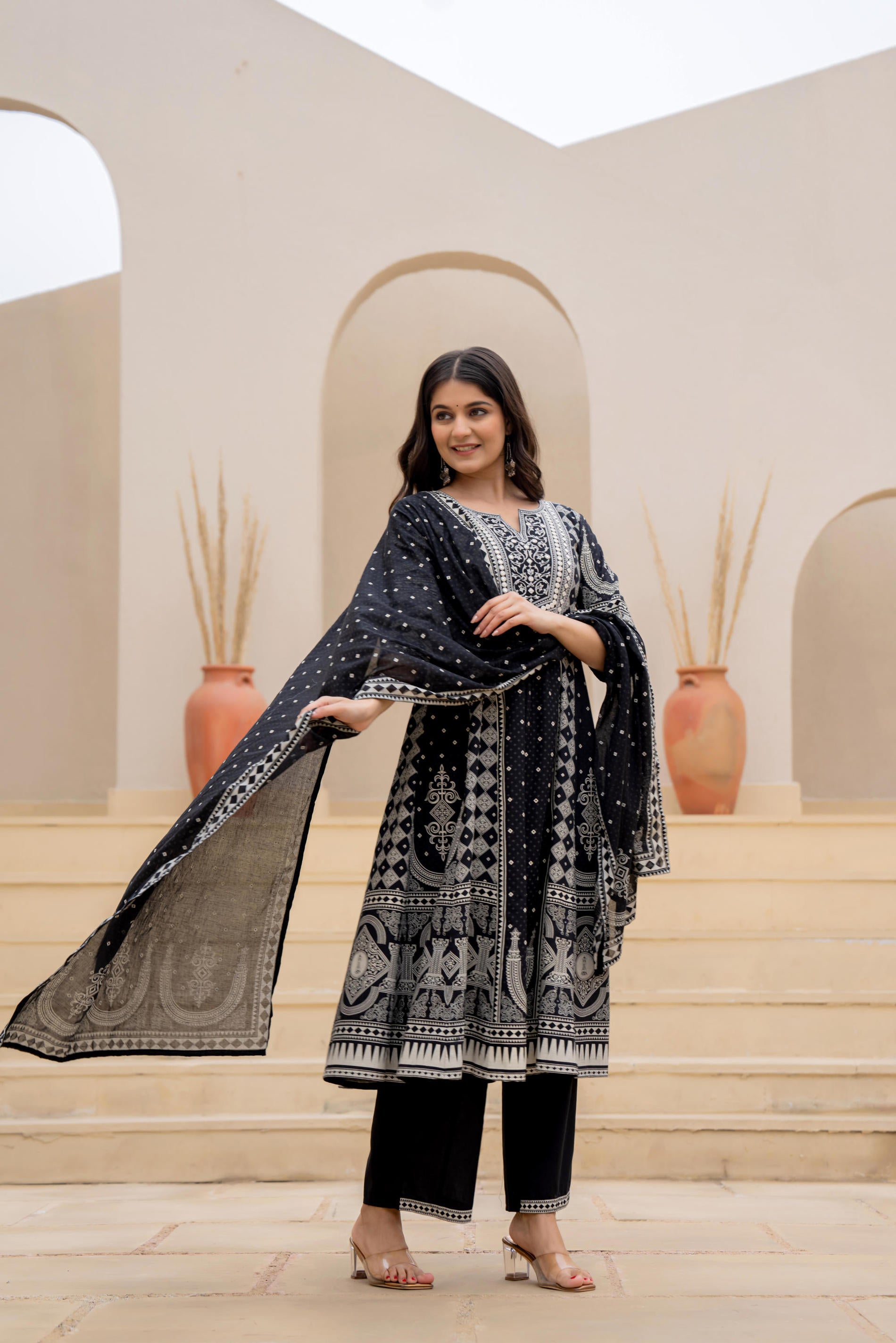 Black Ethnic Motif Printed Kurta Set With Thread & Mirror Work