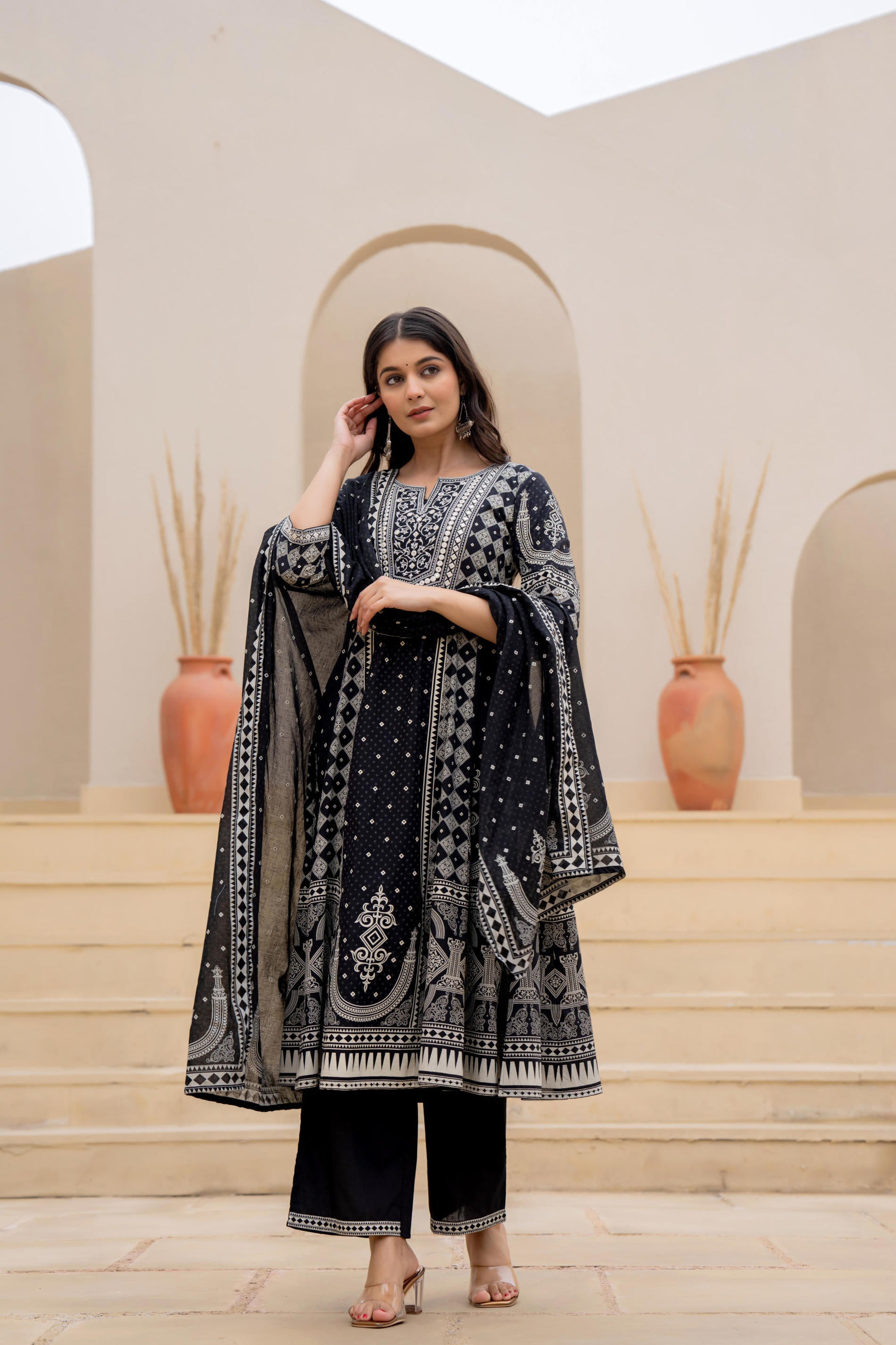 Black Ethnic Motif Printed Kurta Set With Thread & Mirror Work