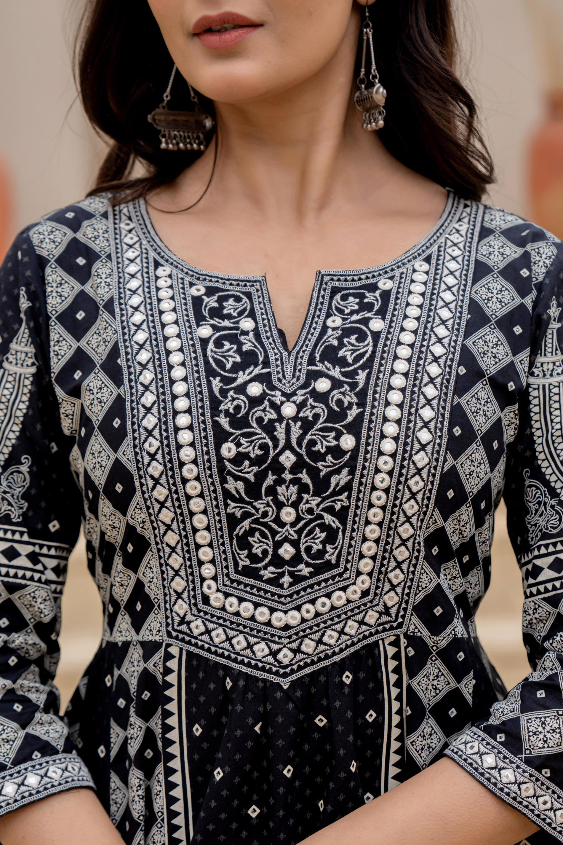 Black Ethnic Motif Printed Kurta Set With Thread & Mirror Work