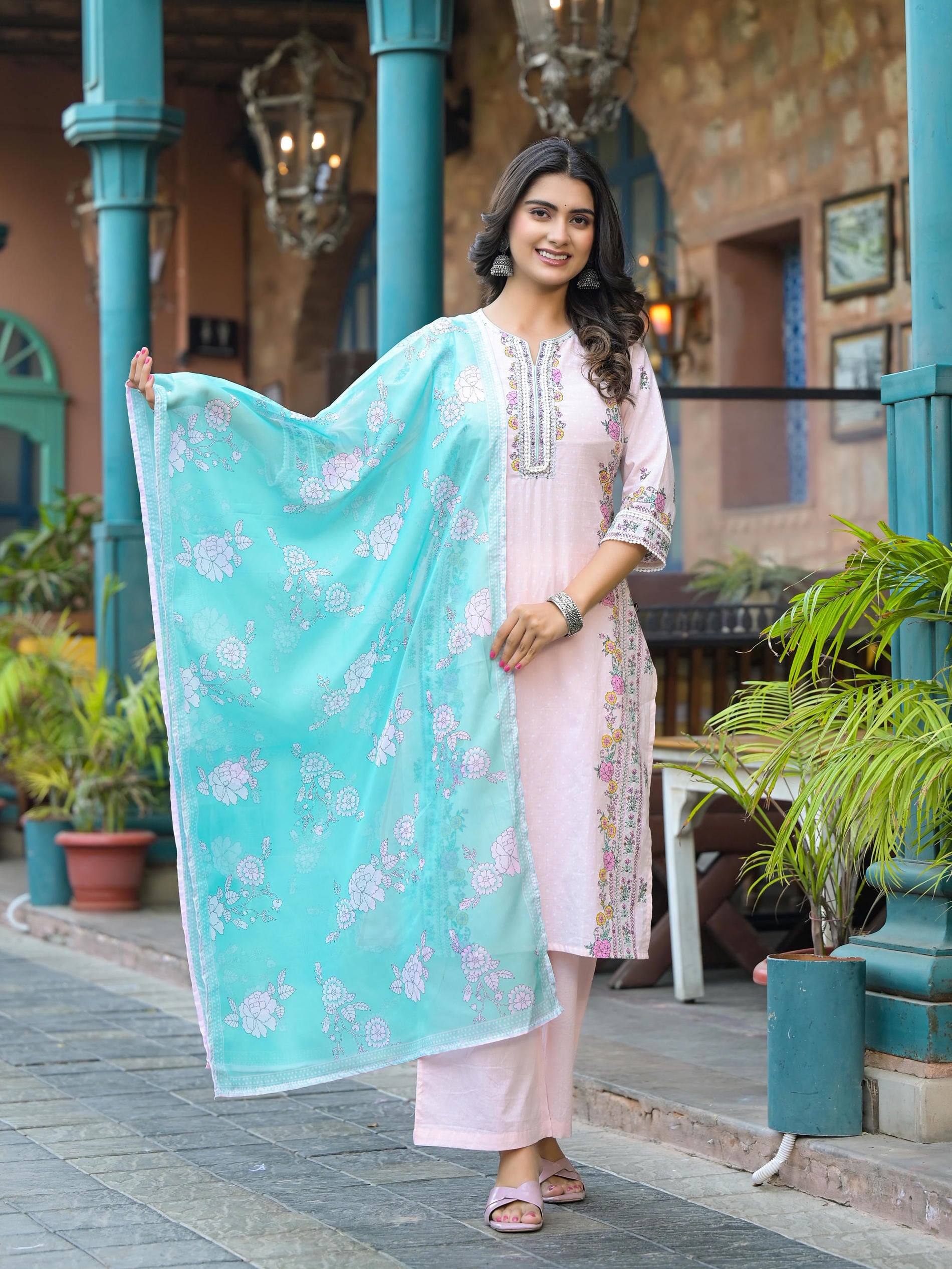 Onion Pink Embroidered Kurta Set with Aqua Floral Dupatta