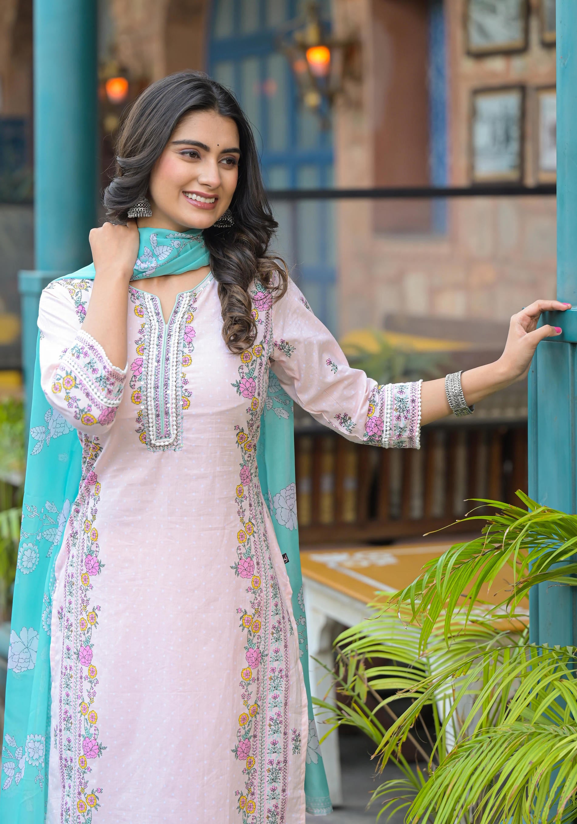 Onion Pink Embroidered Kurta Set with Aqua Floral Dupatta