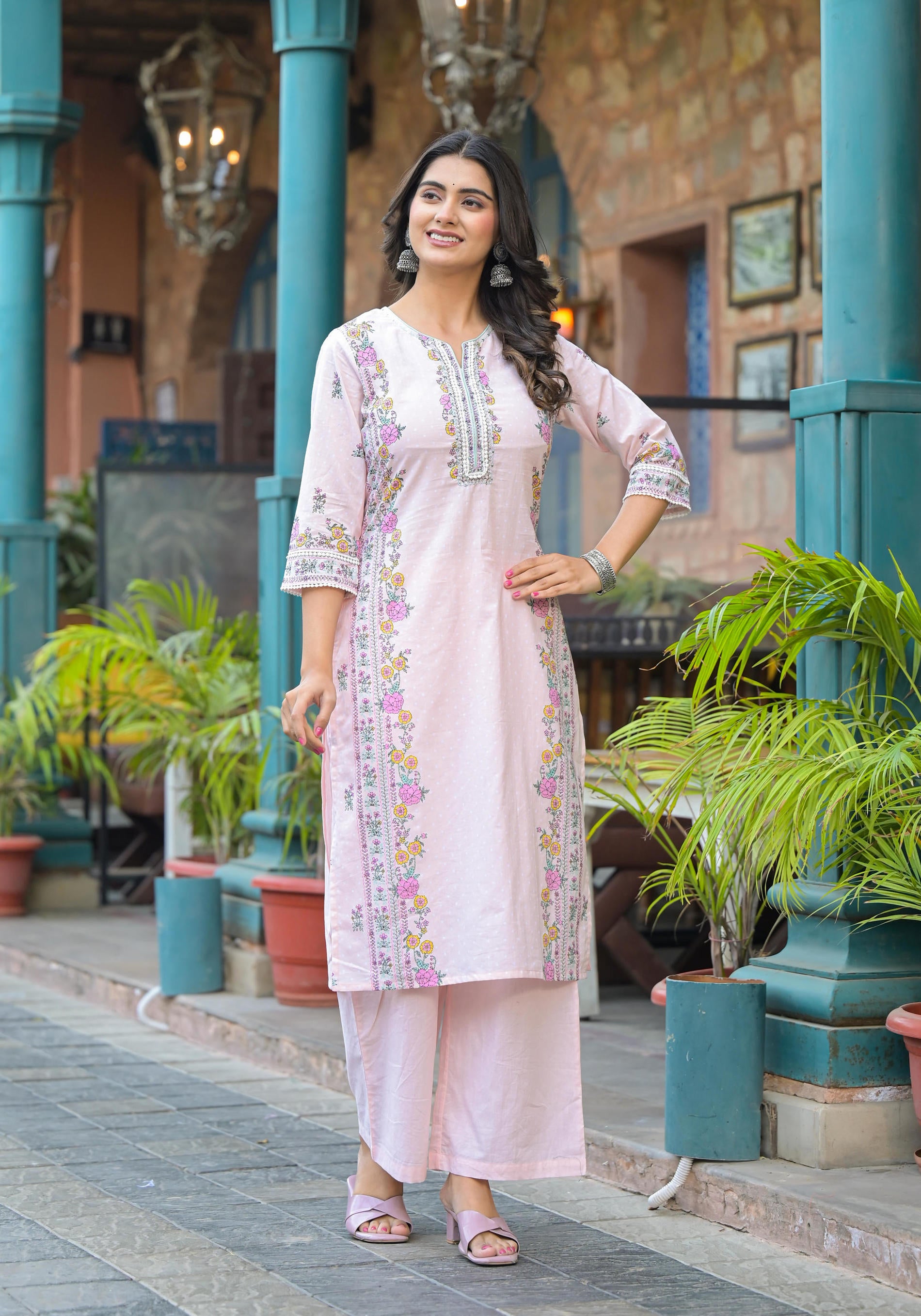Onion Pink Embroidered Kurta Set with Aqua Floral Dupatta