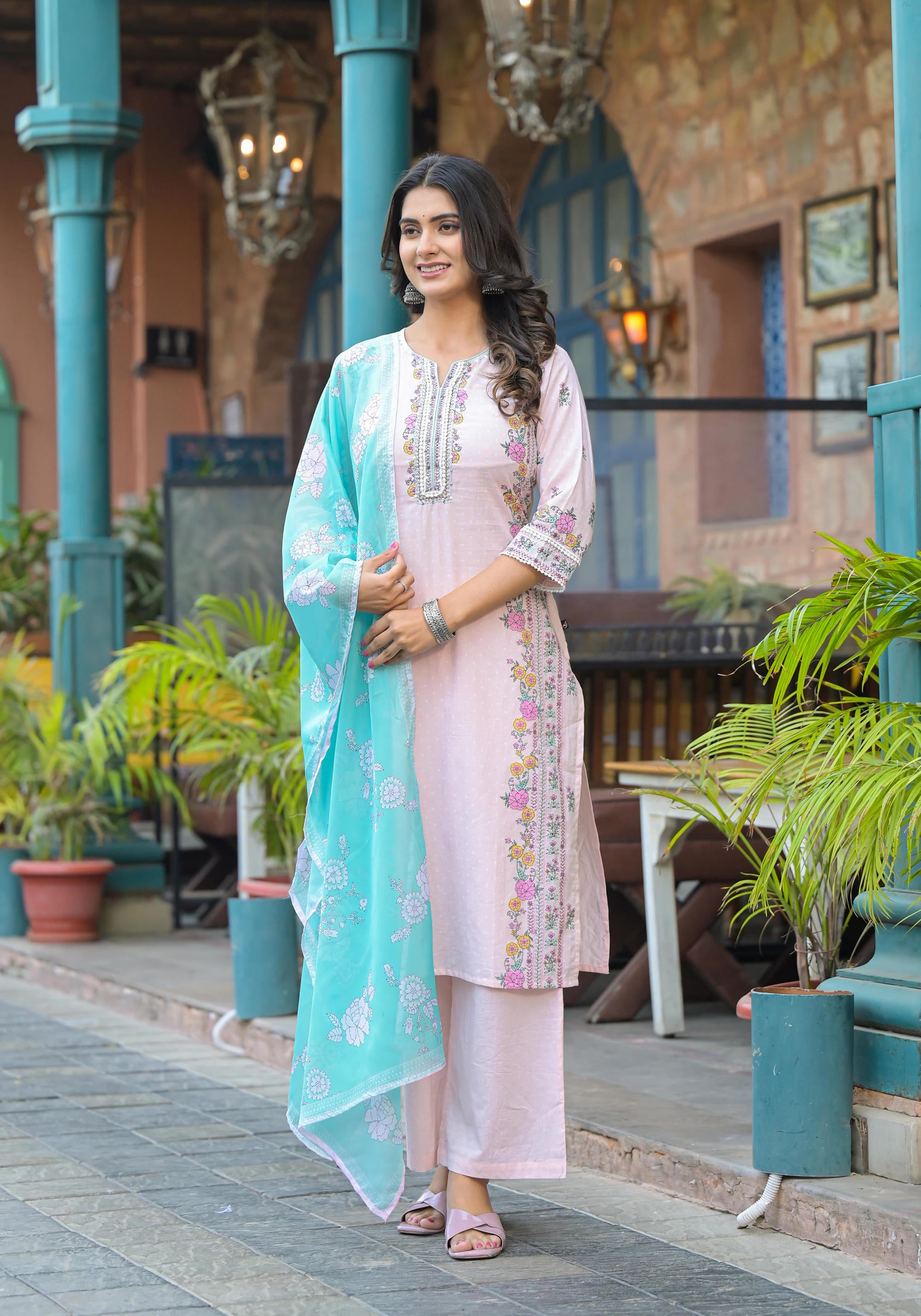 Onion Pink Embroidered Kurta Set with Aqua Floral Dupatta