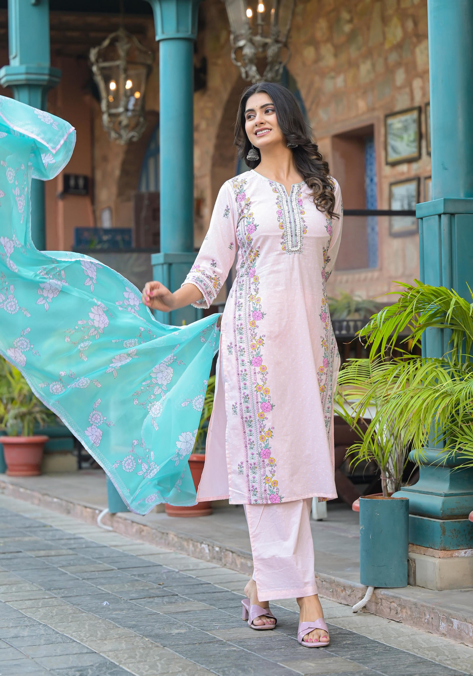 Onion Pink Embroidered Kurta Set with Aqua Floral Dupatta